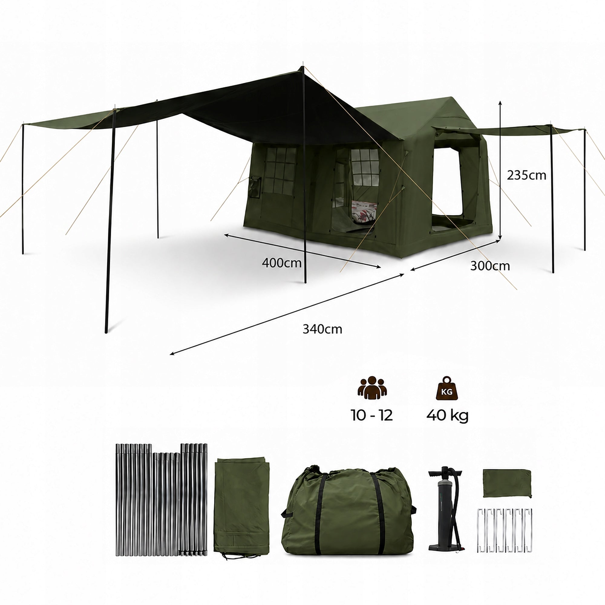 TENT 10-person PUMPED CAMPING GLAMPING LARGE VESTIBULE Oxford 420D Brand Boste