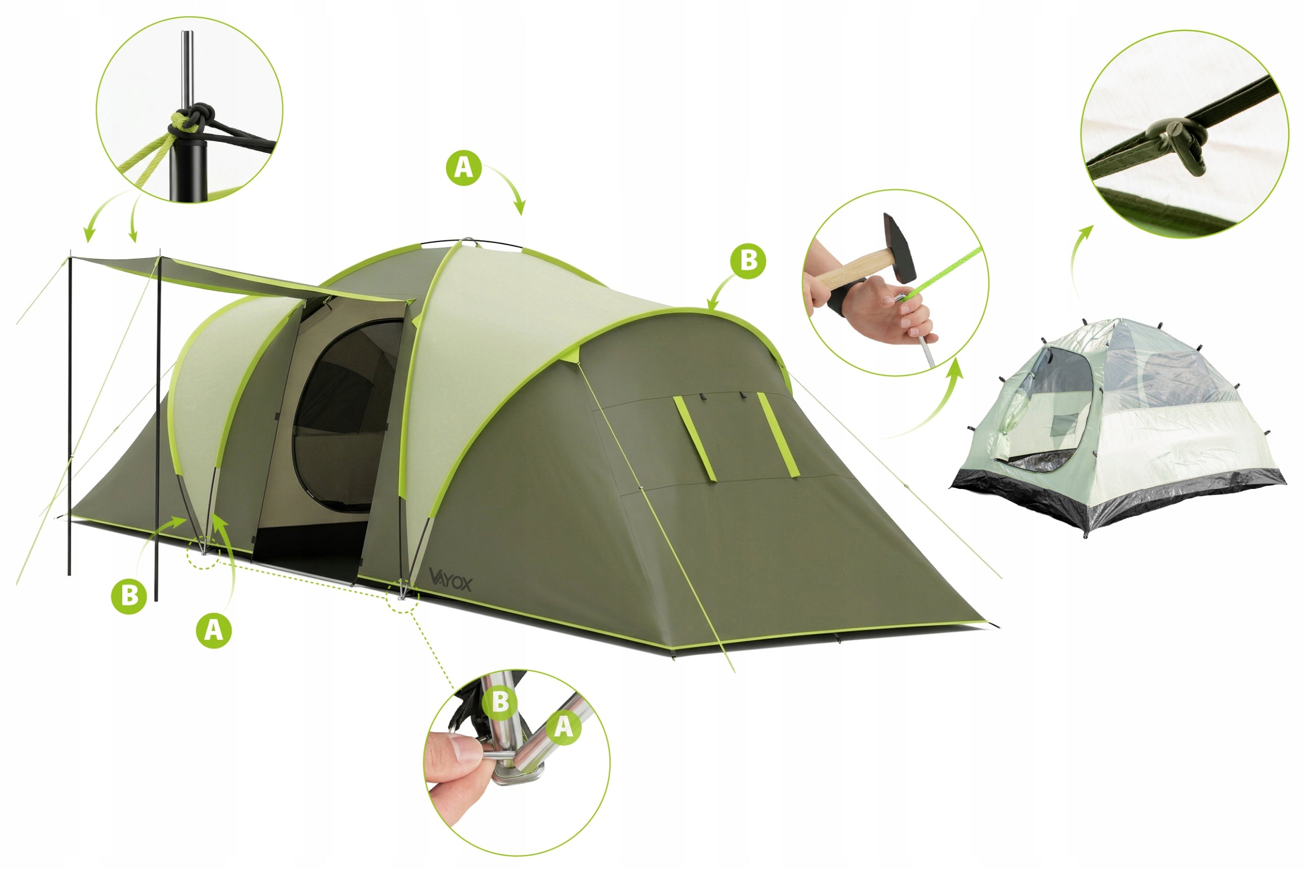 TENT 6 PERSON TOURIST CAMPING VESTIBULE TROPICS 610x200cm VAYOX Manufacturer code NAMIOT PRO DUŻY PU4000M 2 SYPIALNIE POKROWIEC