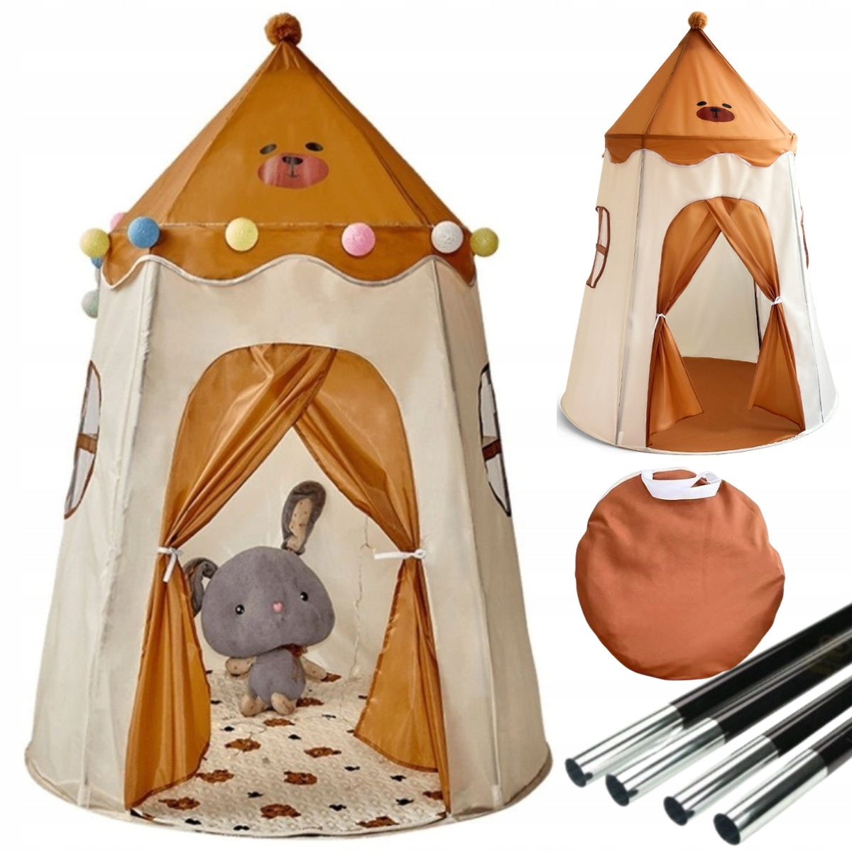 TENT FOR CHILDREN TIPI FOR ROOM COTTAGE WIGWAM BEIGE BEAR GIFT BIRTHDAY