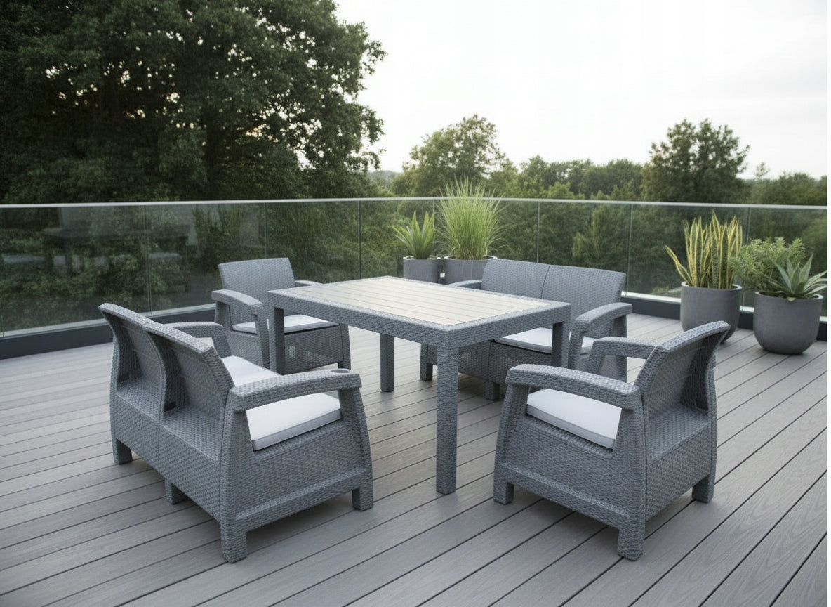 TERRACE SET 6-SEATER LARGE SOFA ARMCHAIRS TABLE GREY NC08X2+RT02 PLASTIC Color gray