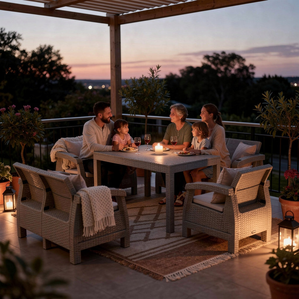 TERRACE SET 6-SEATER LARGE SOFA ARMCHAIRS TABLE GREY NC08X2+RT02 PLASTIC Main material synthetic material