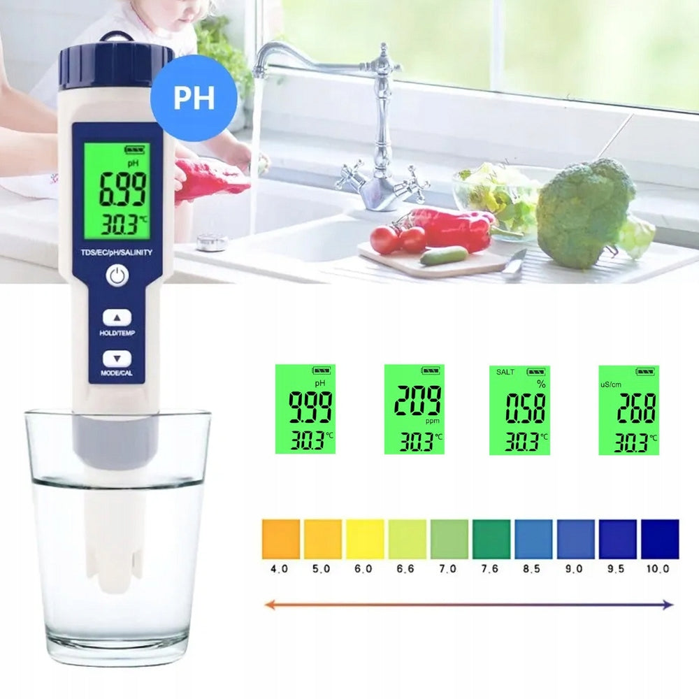 TESTER WATER QUALITY METER 5IN1 PH EC TDS TEMP SALINITY REUSABLE