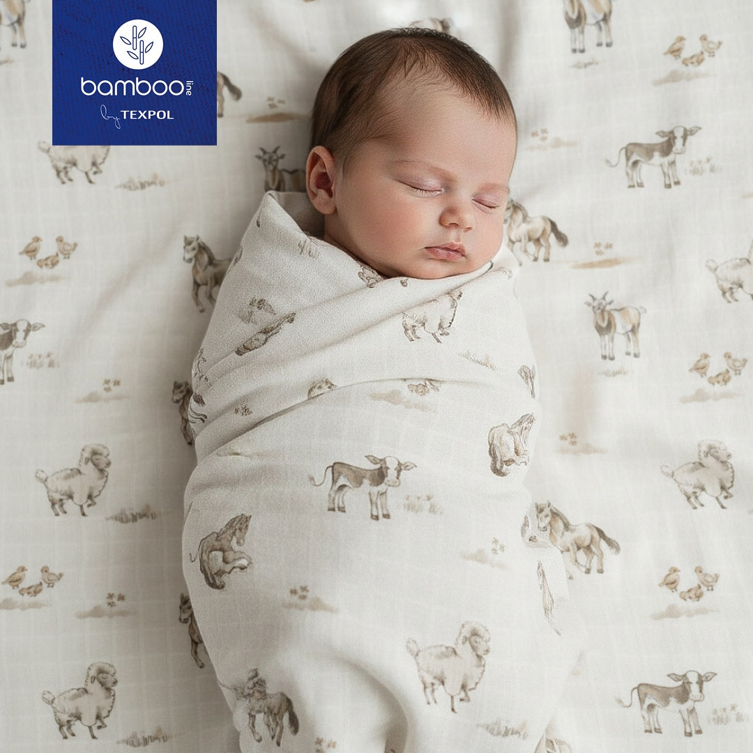 TEXPOL Bamboo Diaper 120x120 RURAL ANIMALS swaddle BABY SHOWER