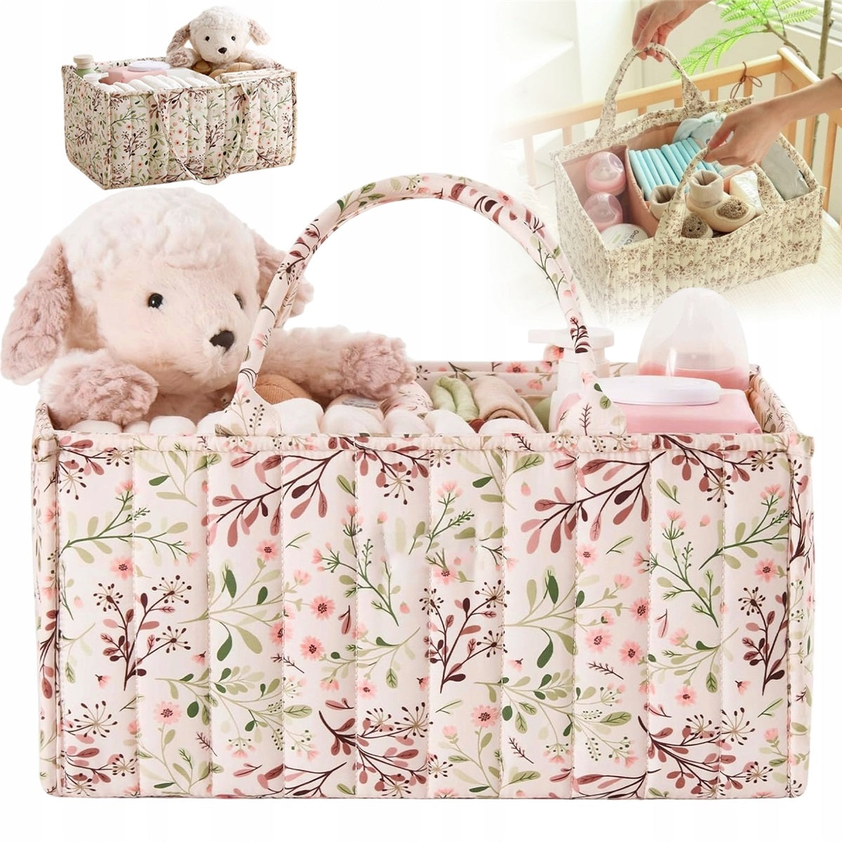 TEXTILE BAG WITH COMPARTMENTS FOR CHILDREN'S ROOM BATHROOM BEIGE FLORAL