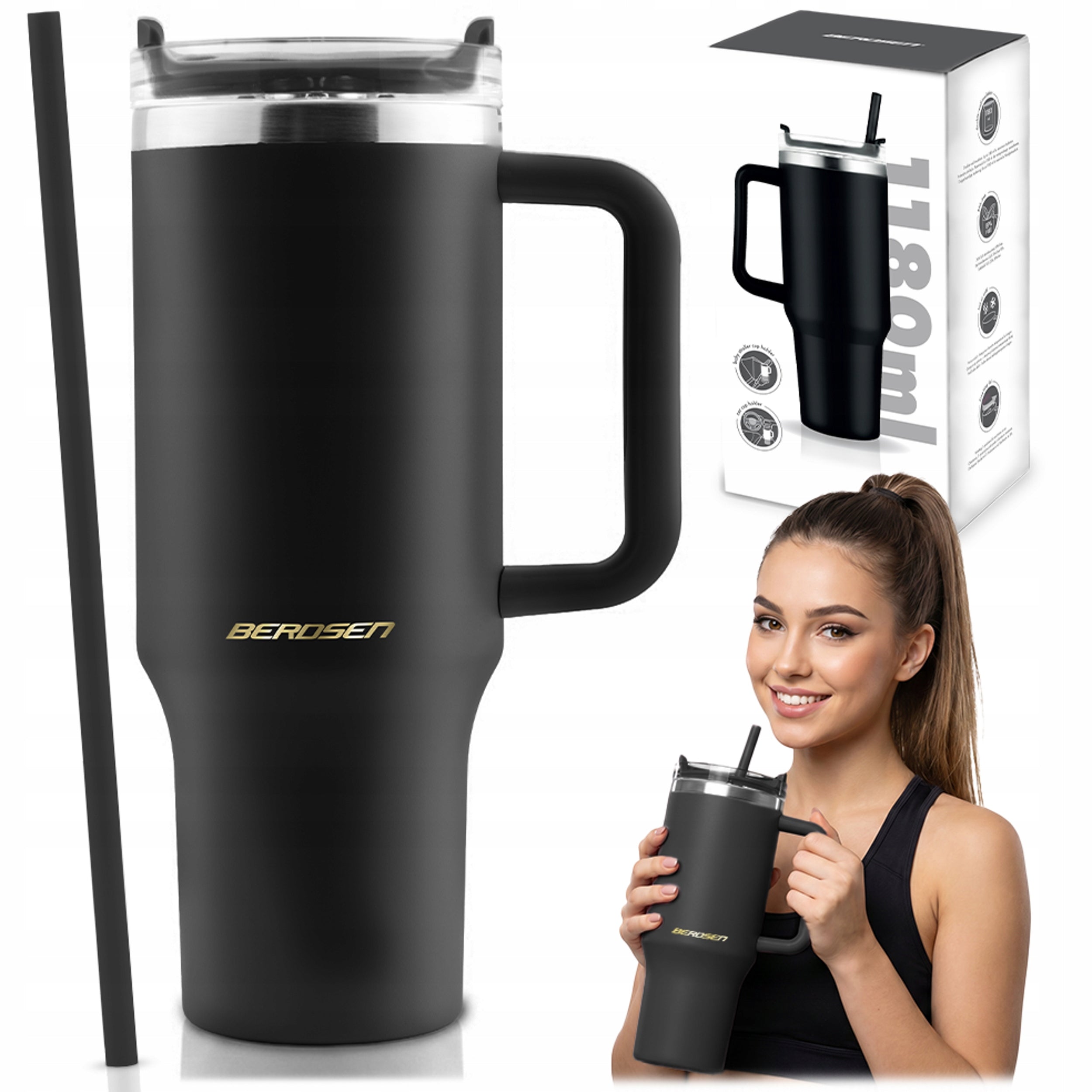 THERMAL MUG THERMOS WITH STRAW STAINLESS STEEL FOR COFFEE TEA 1180ml