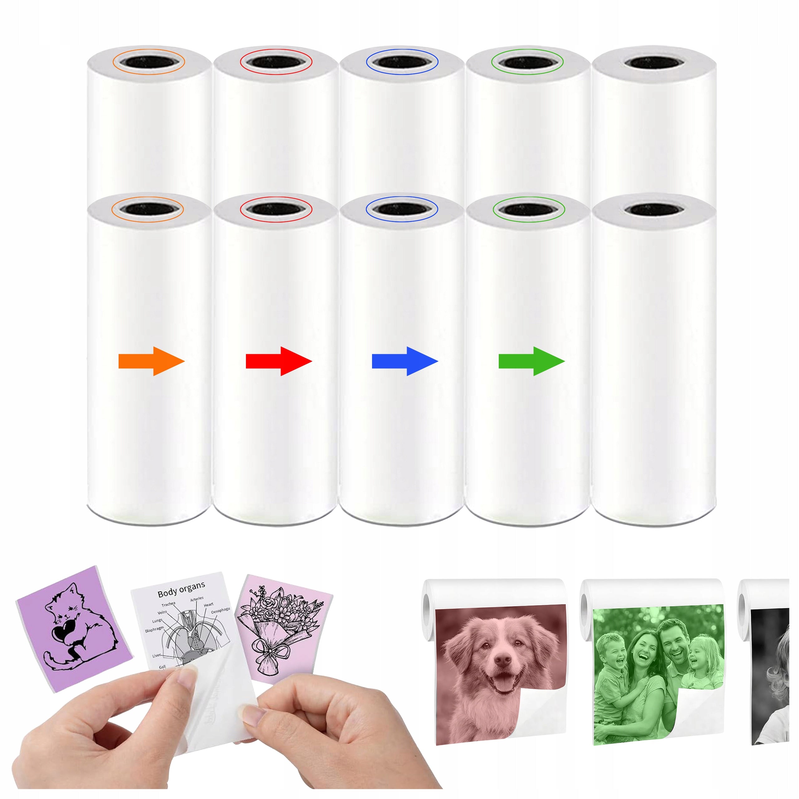 THERMAL PAPER STICKERS FOR INSTANT CAMERA COLOR 10 ROLLS CARTRIDGES