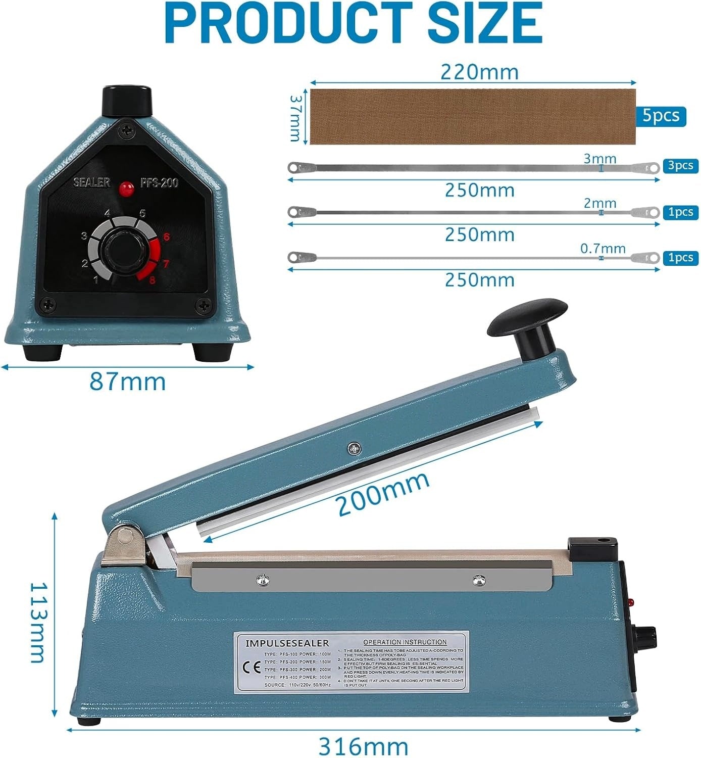 THERMAL SEALANT FOR SEALING BAGS 200MM 5MM BLUE Brand Sealer