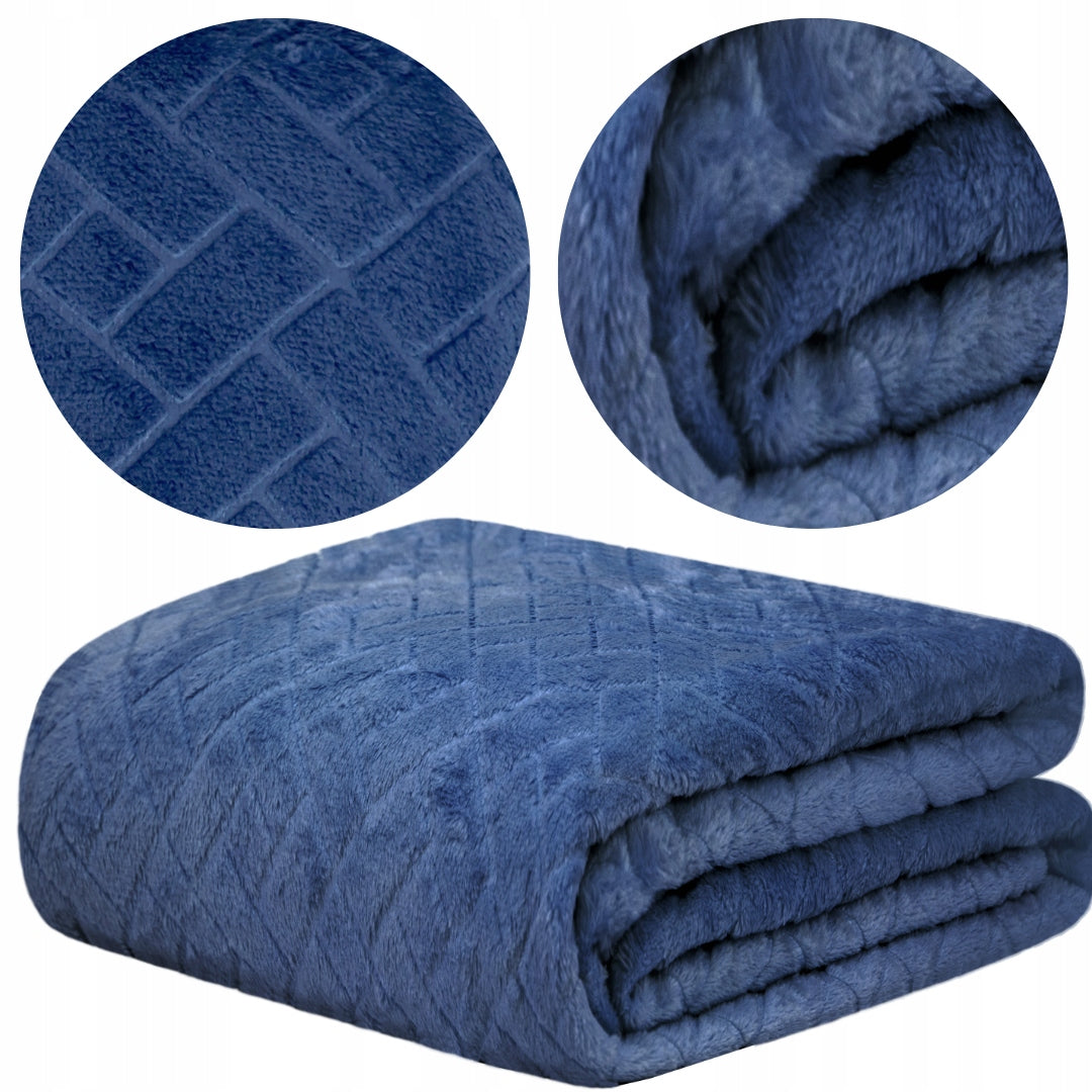 THICK BLANKET EMBOSSED 150x200 MICROFIBER BEDSPREAD SOFT PLAID FOR BED NAVY BLUE