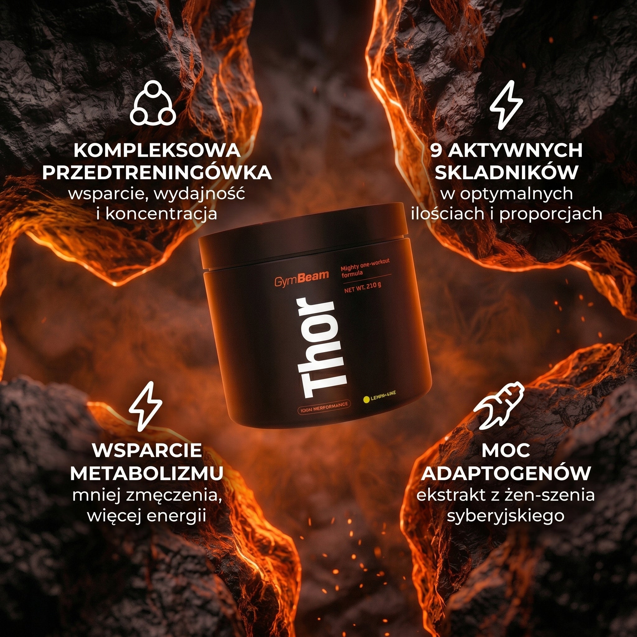 THOR FUEL PRE-WORKOUT 210g Caffeine Beta-Alanine GymBeam strawberry Packaging status original