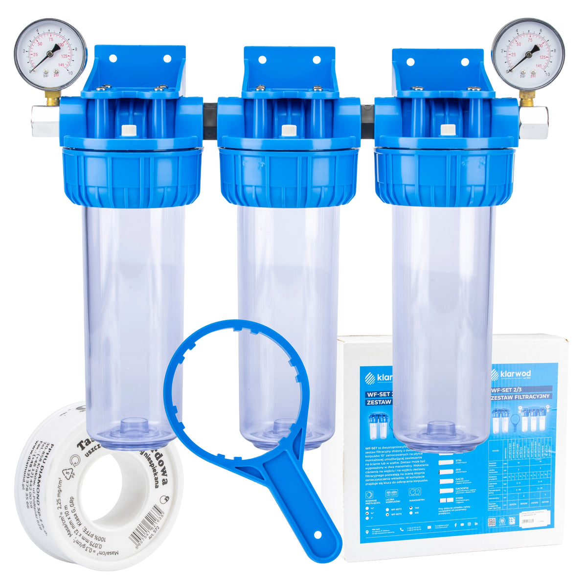 THREE-STAGE FILTER SET FOR WATER WITH 3/4" PRESSURE GAUGES 2-6 BAR SET