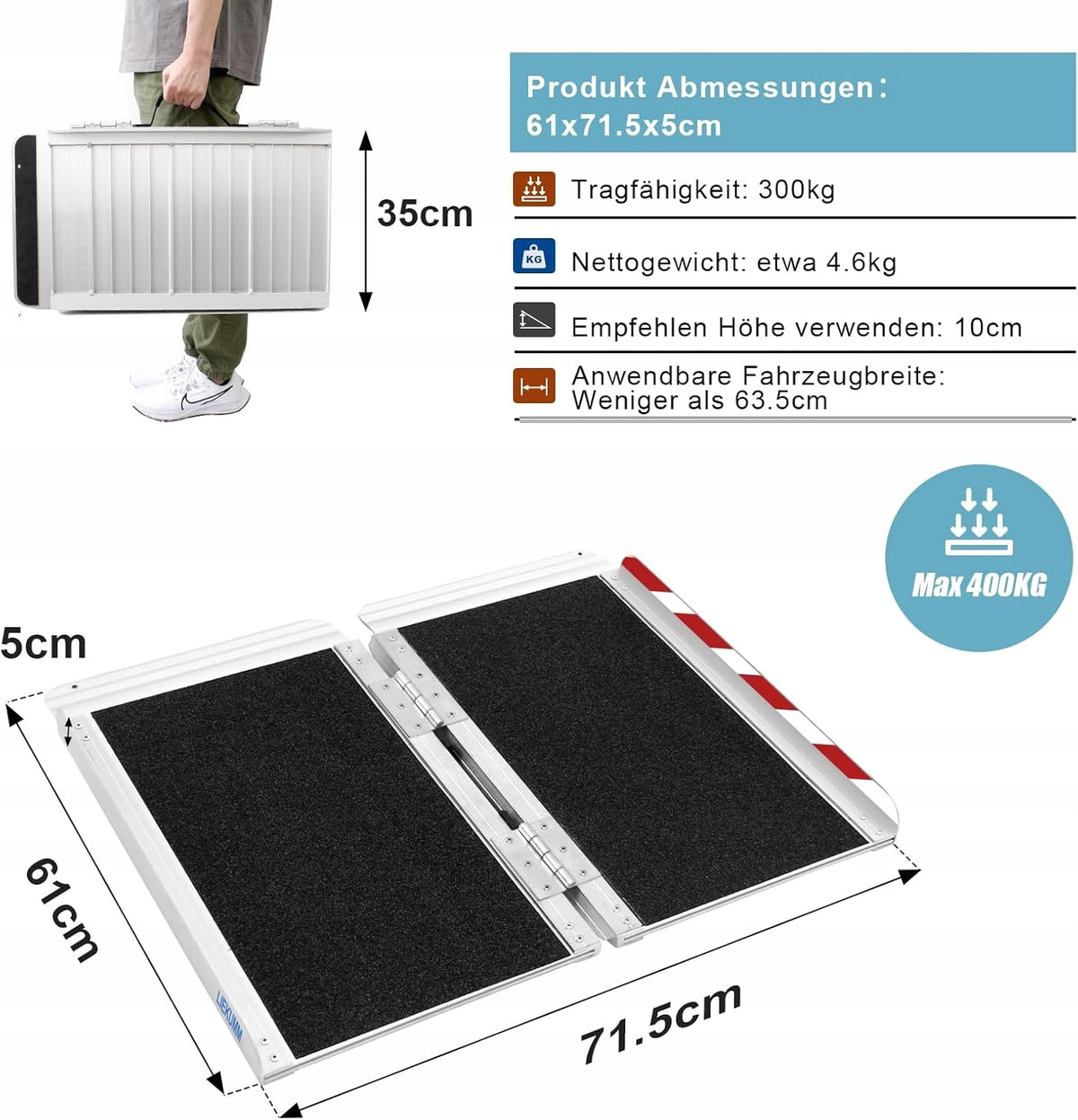 THRESHOLD RAMP ALUMINUM WHEELCHAIRS BICYCLES 300KG PORTABLE 61X72 CM Manufacturer code LMK6172