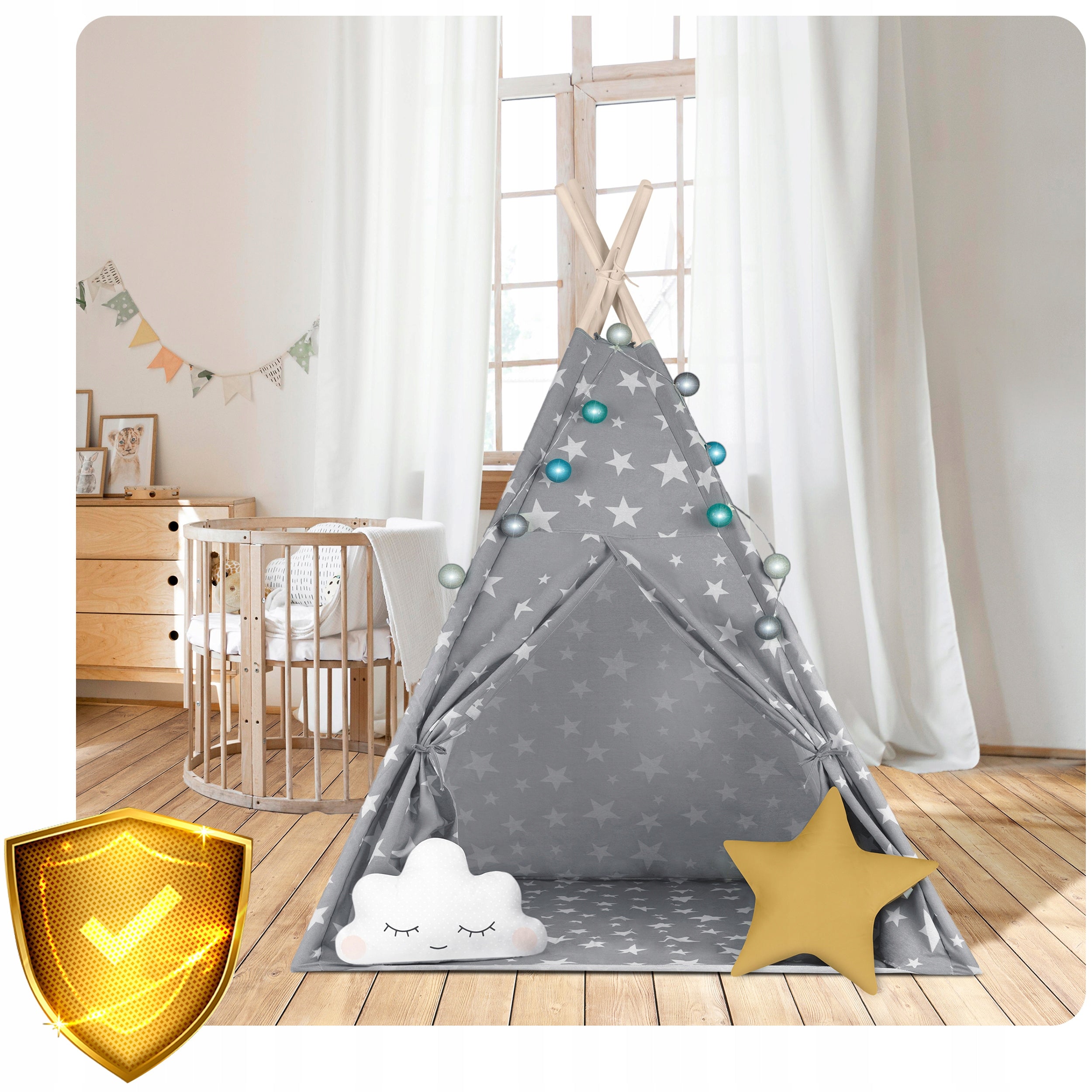 TIPI wigwam tent for children TEEPEE Cushions Lights Cover Nukido Color gray