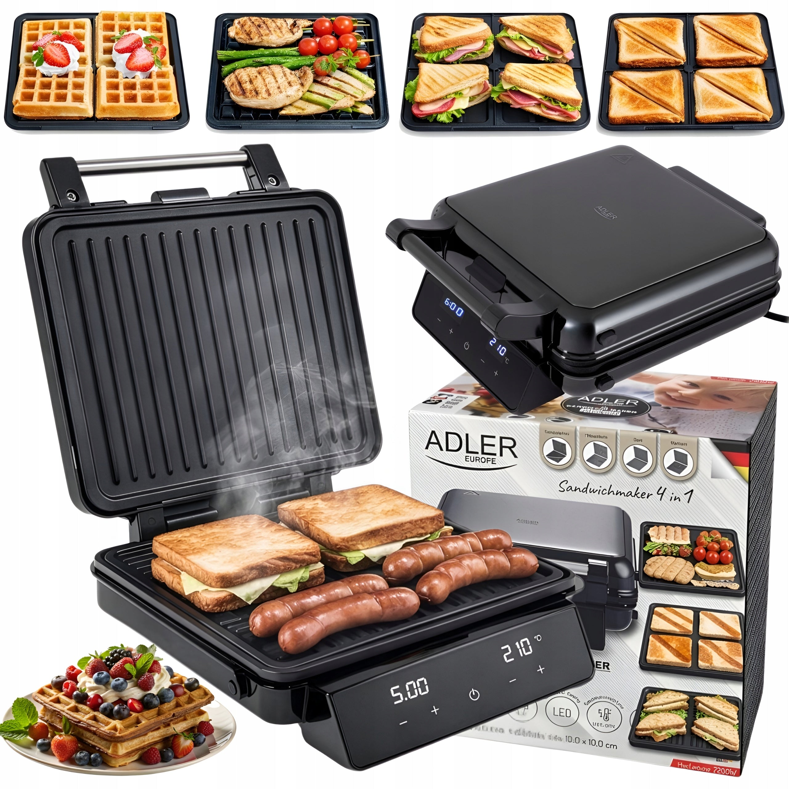 TOASTER 4in1 2200W Grill Waffle Iron Panini Toaster Adjustable Temp. LED Timer