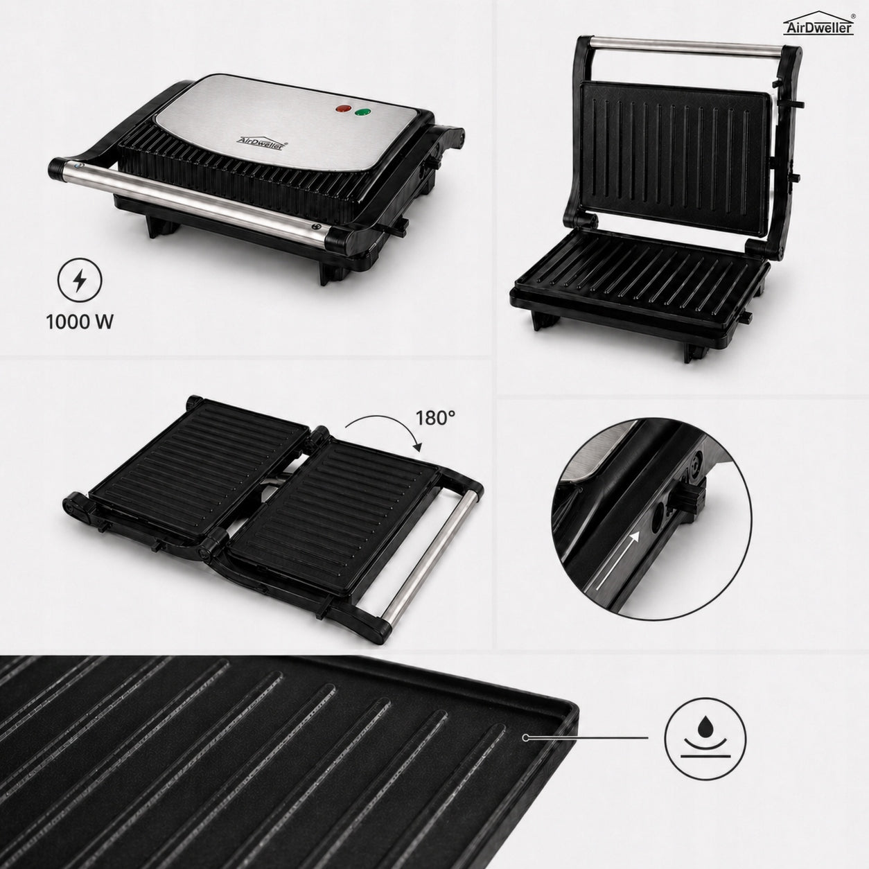 TOASTER ELECTRIC GRILL AIRDWELLER 1000W FOR PANINI SANDWICHES TOASTER 180° Brand AirDweller