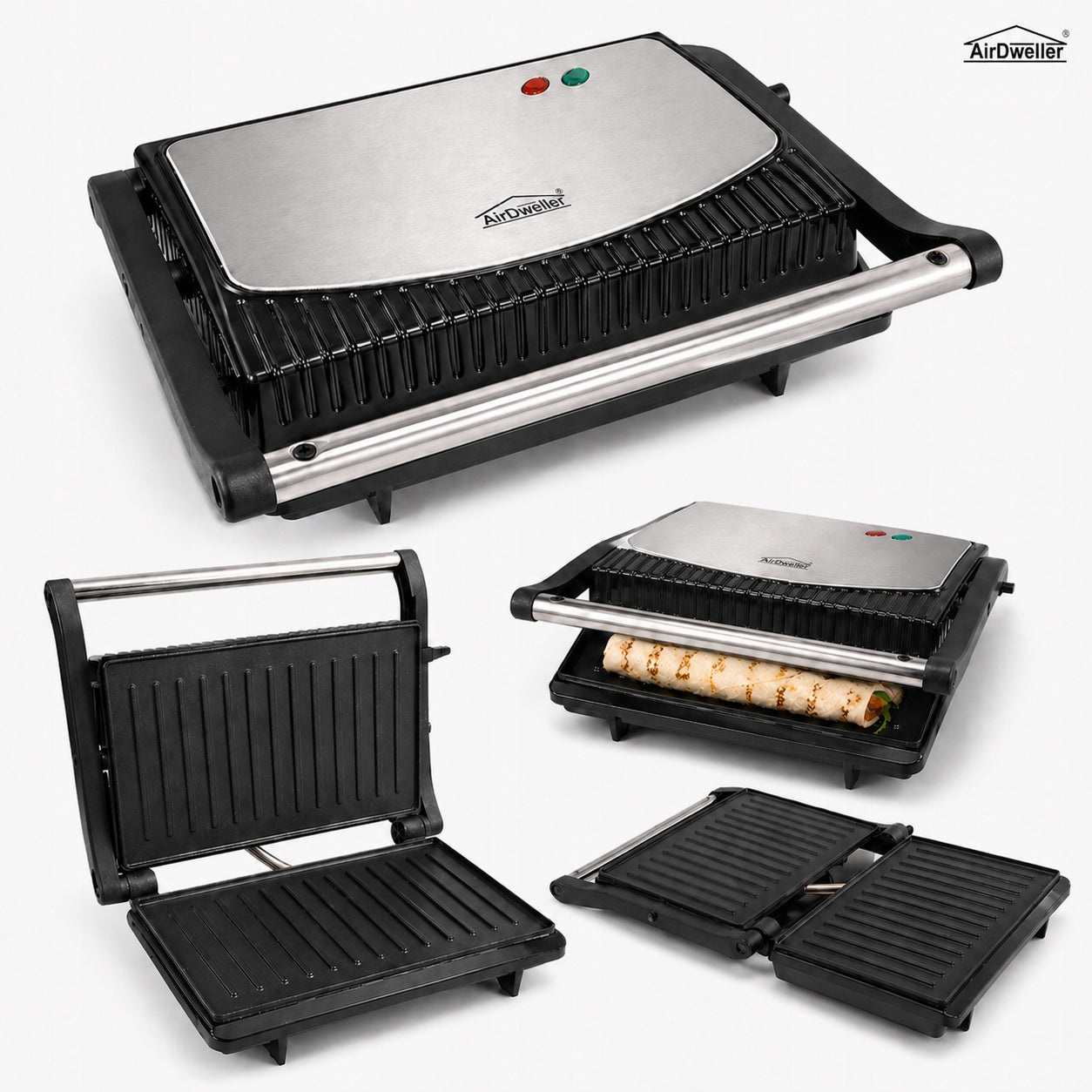 TOASTER ELECTRIC GRILL AIRDWELLER 1000W FOR PANINI SANDWICHES TOASTER 180° Dominant color black