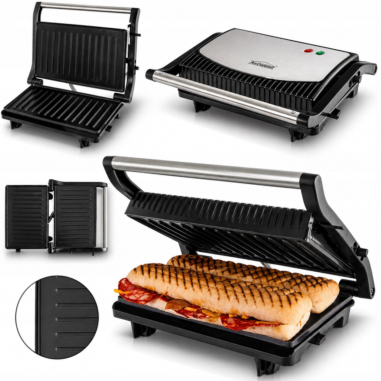 TOASTER ELECTRIC GRILL AIRDWELLER 1000W FOR PANINI SANDWICHES TOASTER 180° Packaging status original