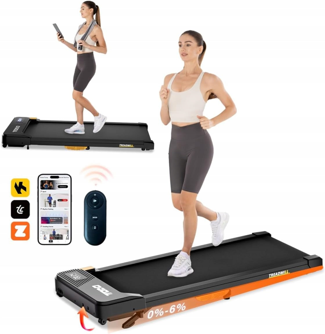 TODO Walking Pad Treadmill with Slope up to 6%, 1-6 km/h, Remote Control, Application