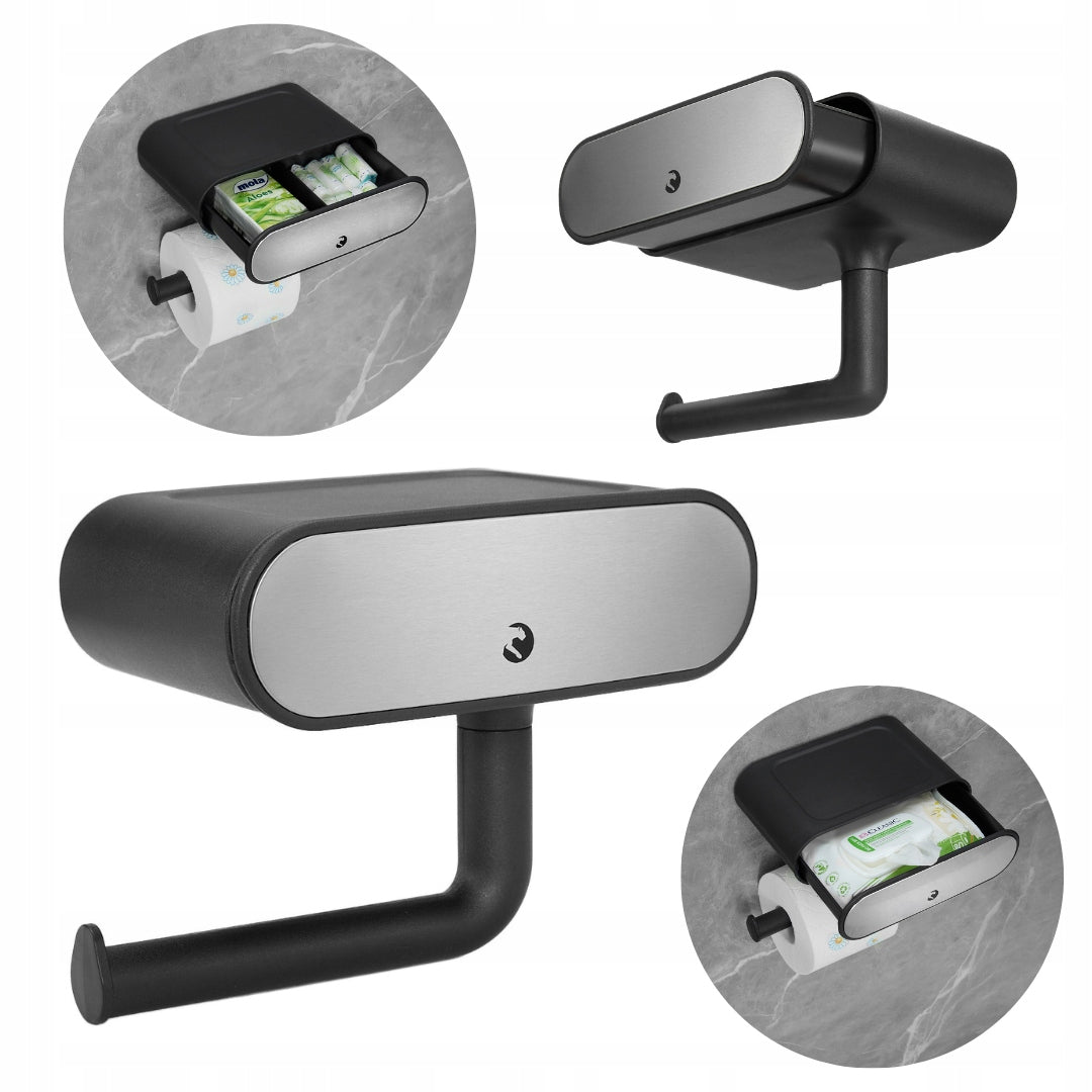 TOILET PAPER HANGER HOLDER WITH SHELF LOCKABLE SELF-ADHESIVE BLACK