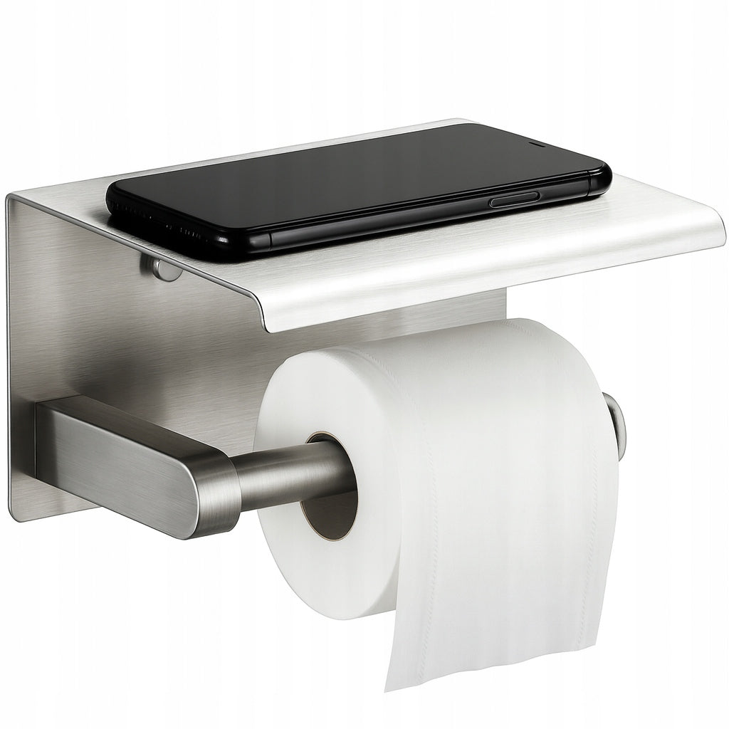 TOILET PAPER HANGER HOLDER WITH SHELF METAL PEGS SILVER