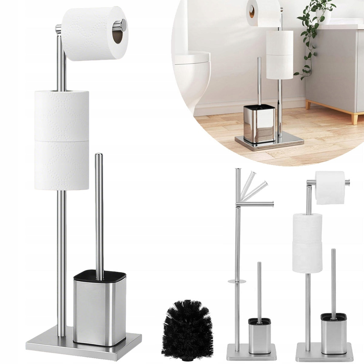 TOILET PAPER HOLDER STAND 2IN1 BATHROOM SILVER TOILET BRUSH 66 CM Packaging status original