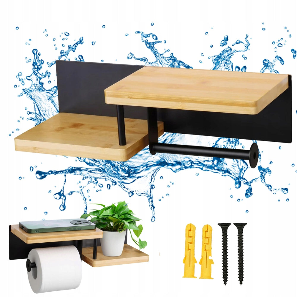 TOILET PAPER HOLDER WITH PHONE SHELF WOOD AND STAINLESS STEEL Packaging status original