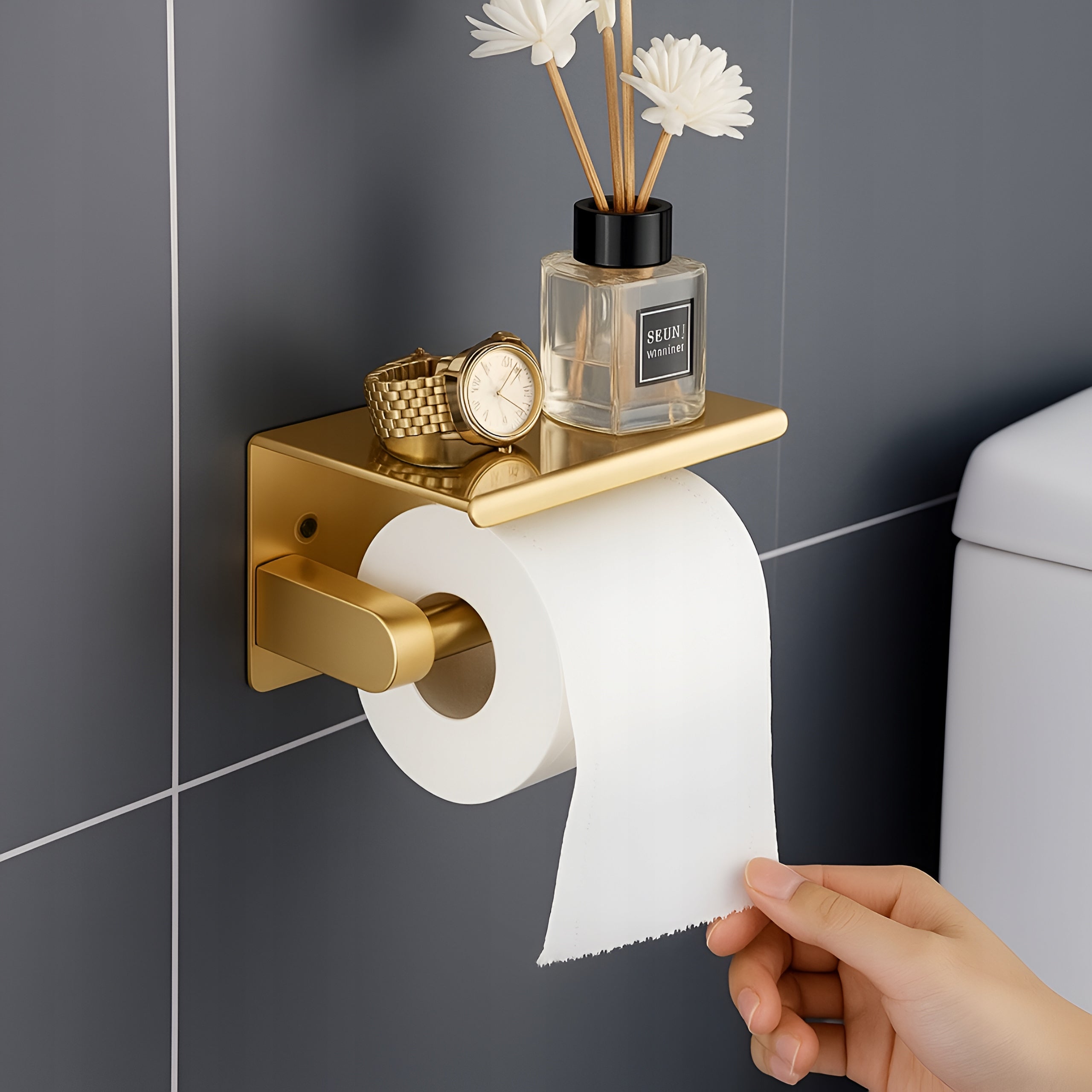 TOILET PAPER HOLDER WITH SHELF METAL BATHROOM DELVANT DUVO GOLD EAN (GTIN) 5905316547957