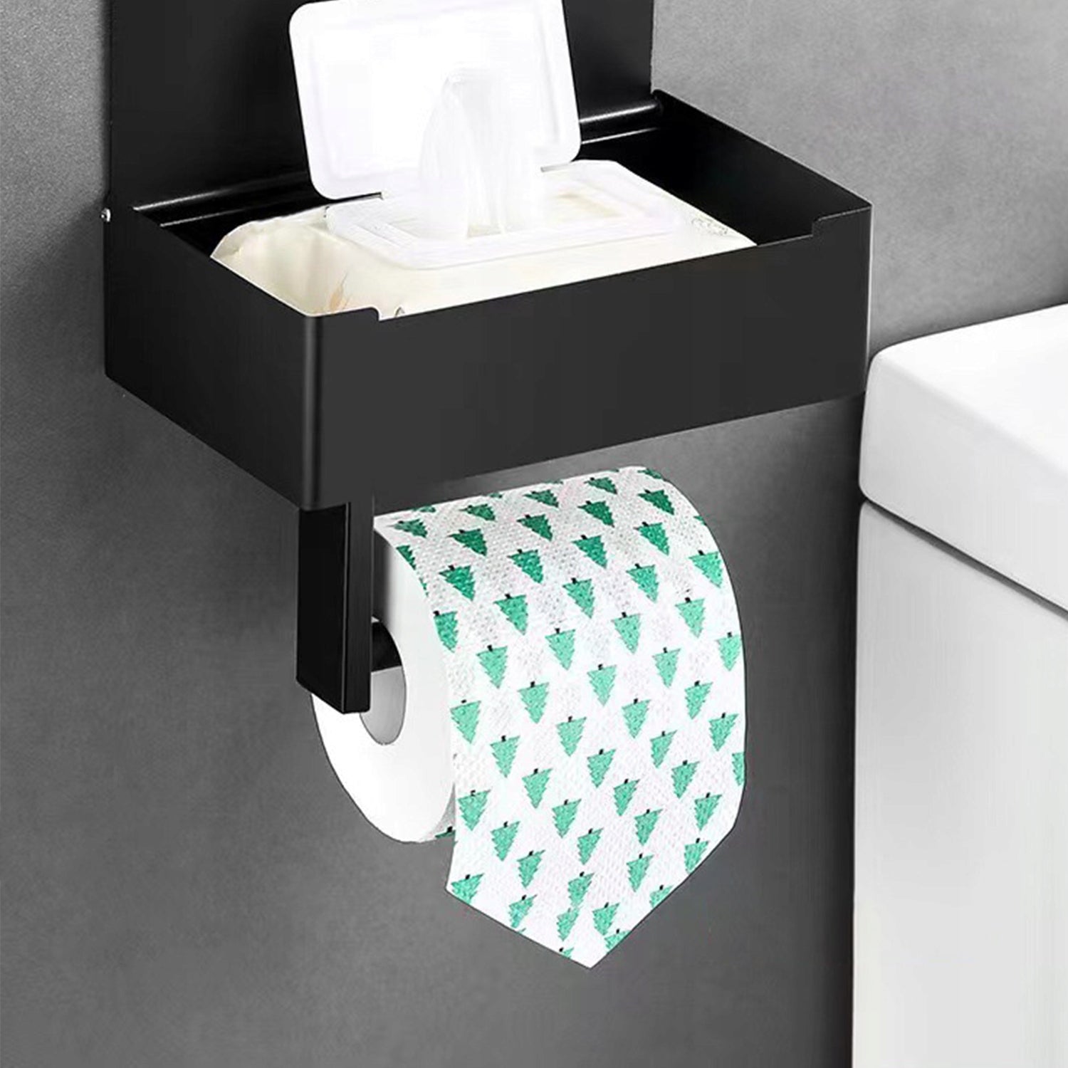 TOILET PAPER HOLDER WITH STORAGE TOI-PAP2 BLACK Manufacturer code WIELOFUNKCYJNY MOCOWANY NA ŚCIANĘ Z PÓŁECZKĄ