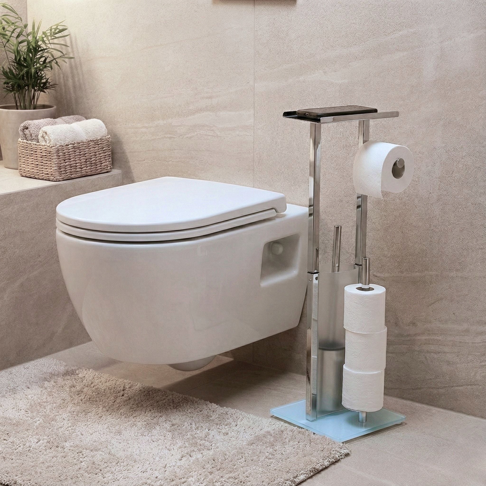 TOILET PAPER RACK AND TOILET BRUSH WITH SHELF HEIGHT 65 CM STAINLESS STEEL Brand NUXIO
