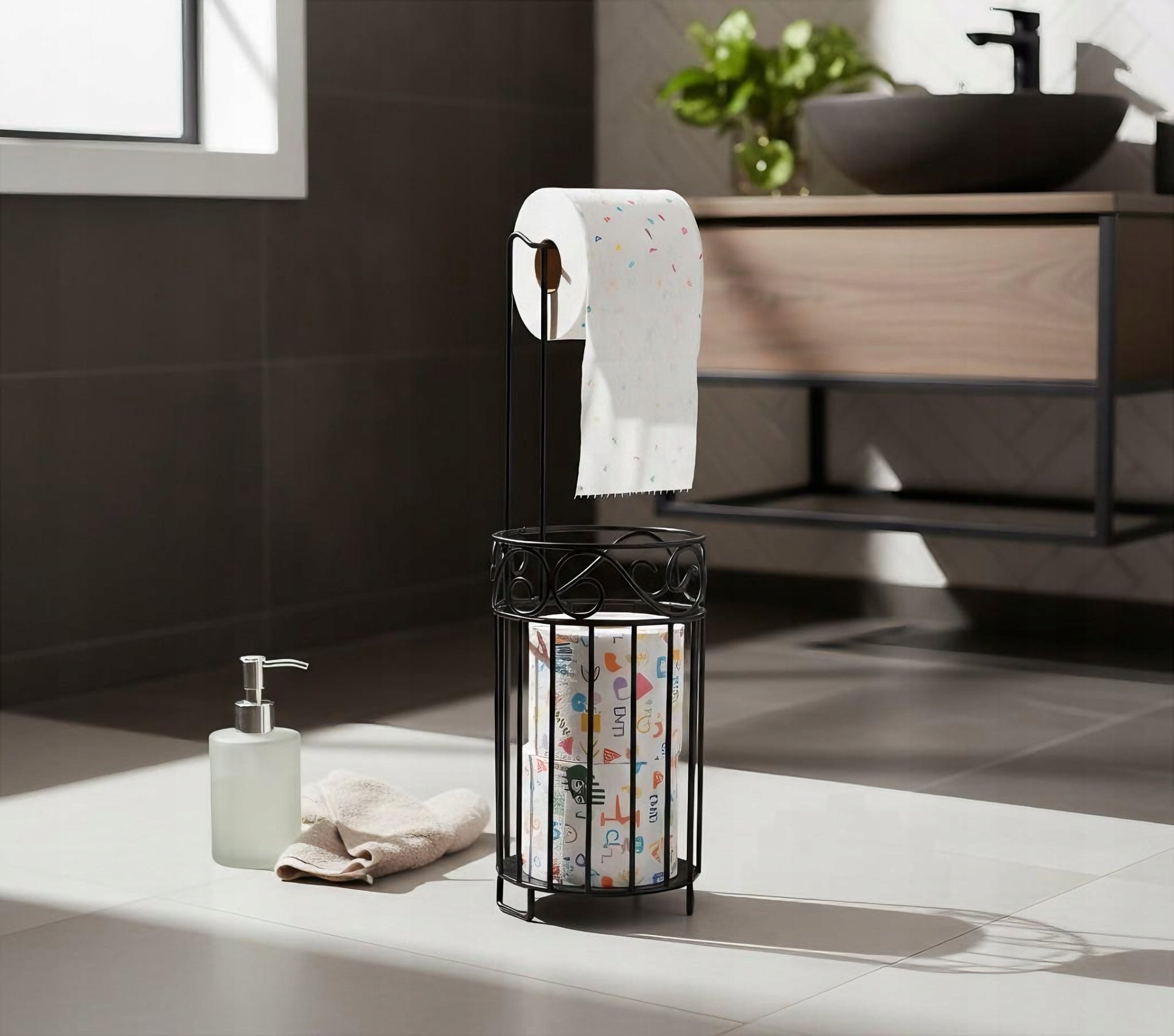 TOILET PAPER STAND METAL MODERN WITH BASKET HOLDER BLACK EAN (GTIN) 5907056373407