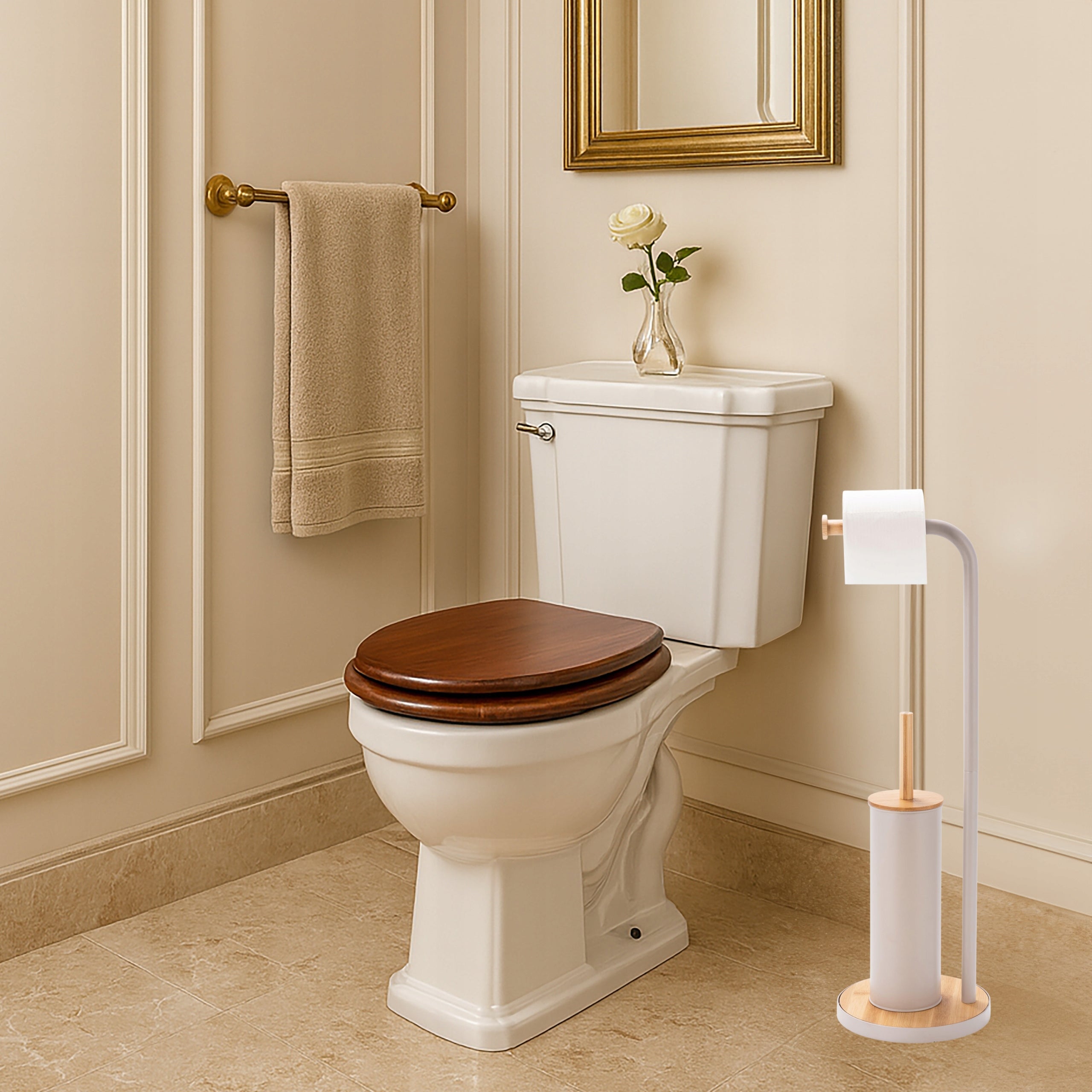 TOILET PAPER STAND WITH TOILET BRUSH BEIGE BAMBOO STEEL FASHIONABLE Packaging status original