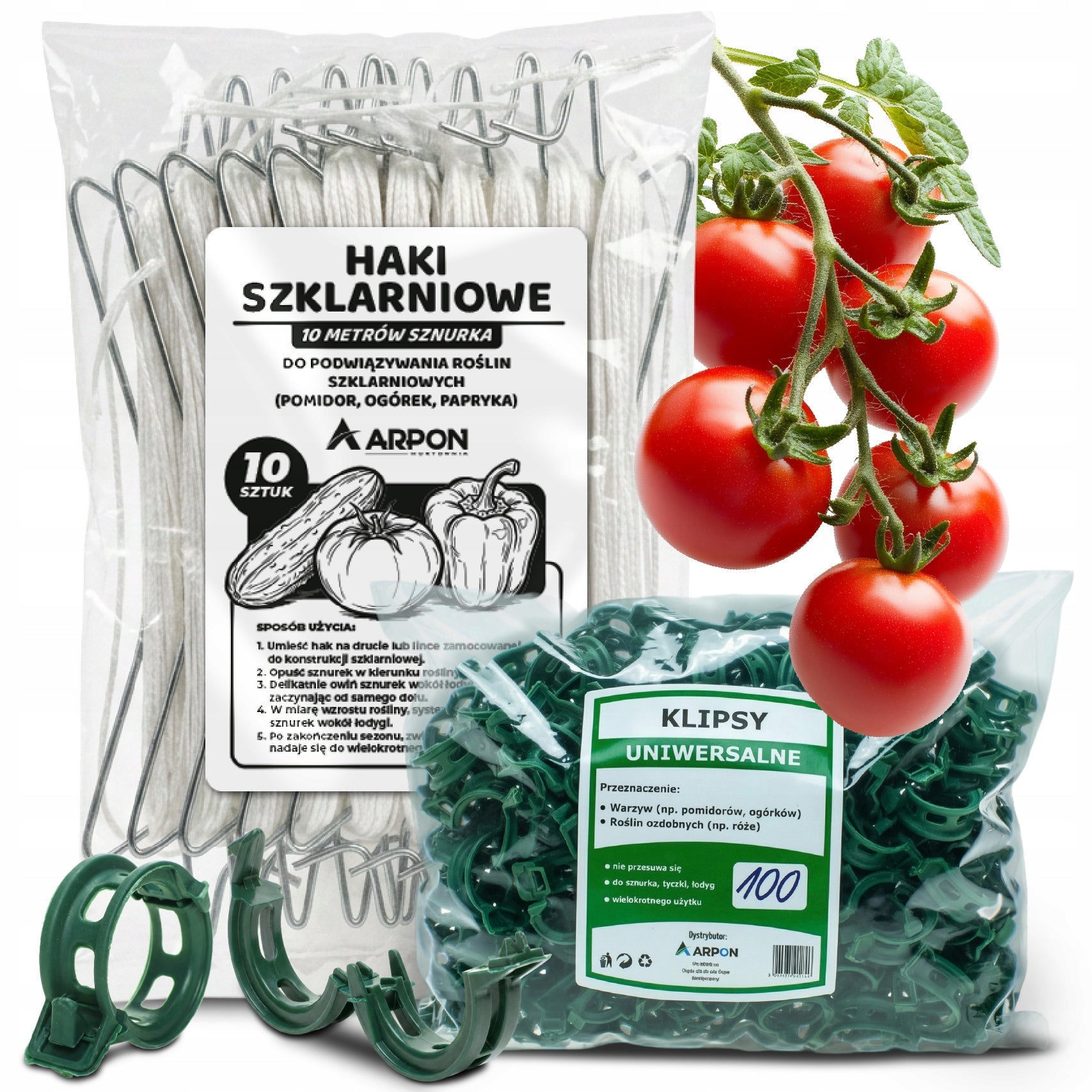 TOMATO CLIPS 100 pieces + GREENHOUSE HOOKS STRING 10m 10 pieces