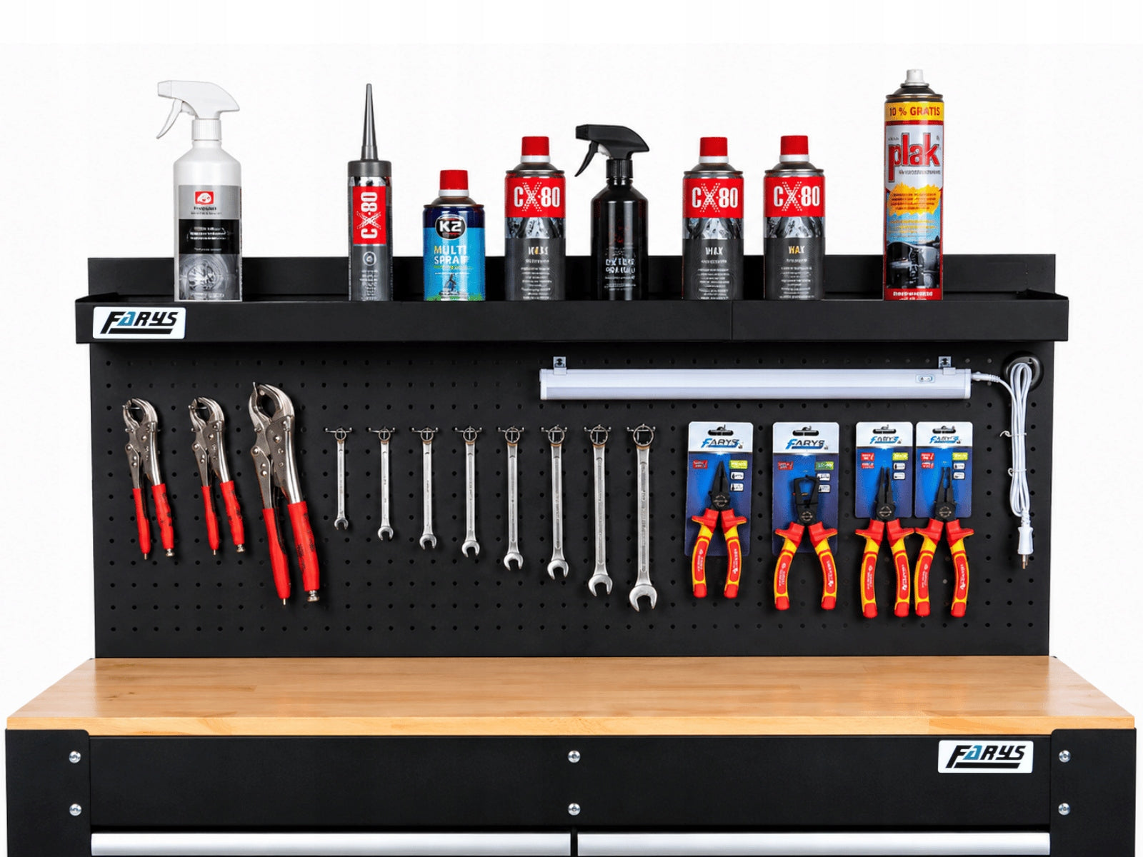 TOOL CABINET WORKBENCH WITH TOP 114x60 cm LED +HOOKS +TABLE Product height 140 cm