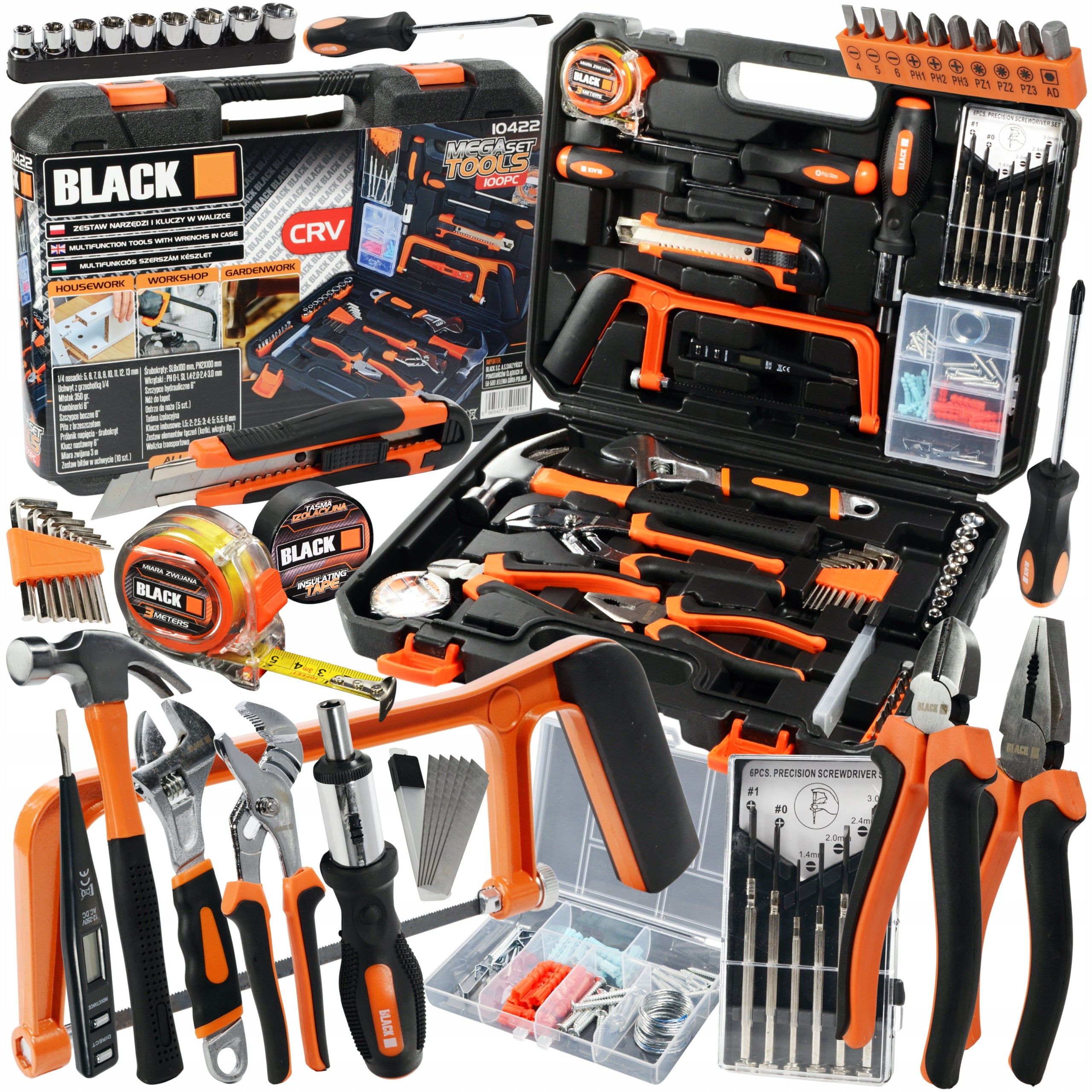TOOL CASE 100el KEYS BITS SCREWDRIVERS HAMMER PLIERS CRV BLACK
