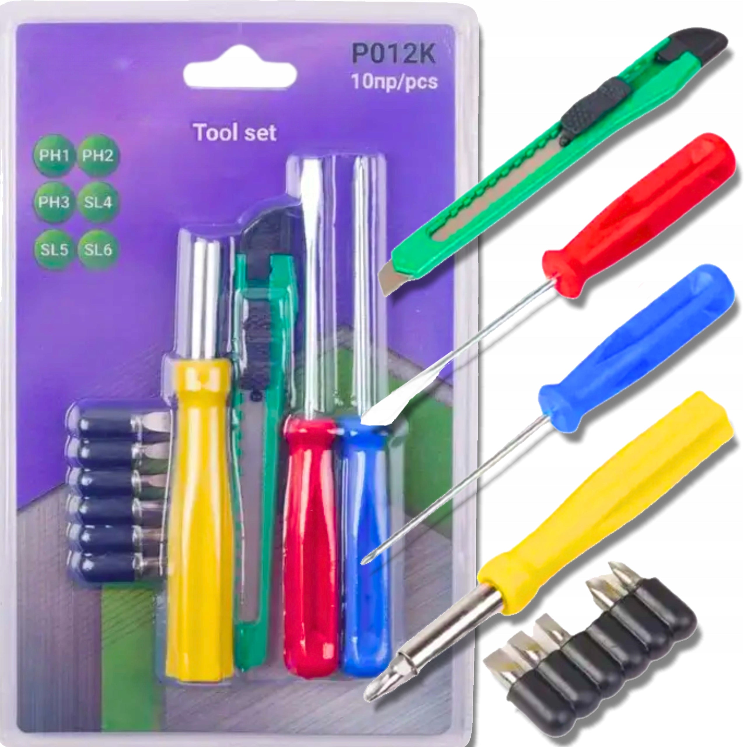 TOOL SET 10 ELEMENTS BITS screwdrivers HANDLE knife broken