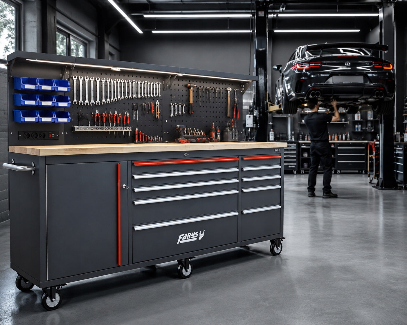 TOOL TROLLEY CABINET WORKBENCH XXL ON WHEELS LED +HOOKS FARYS Brand Farys