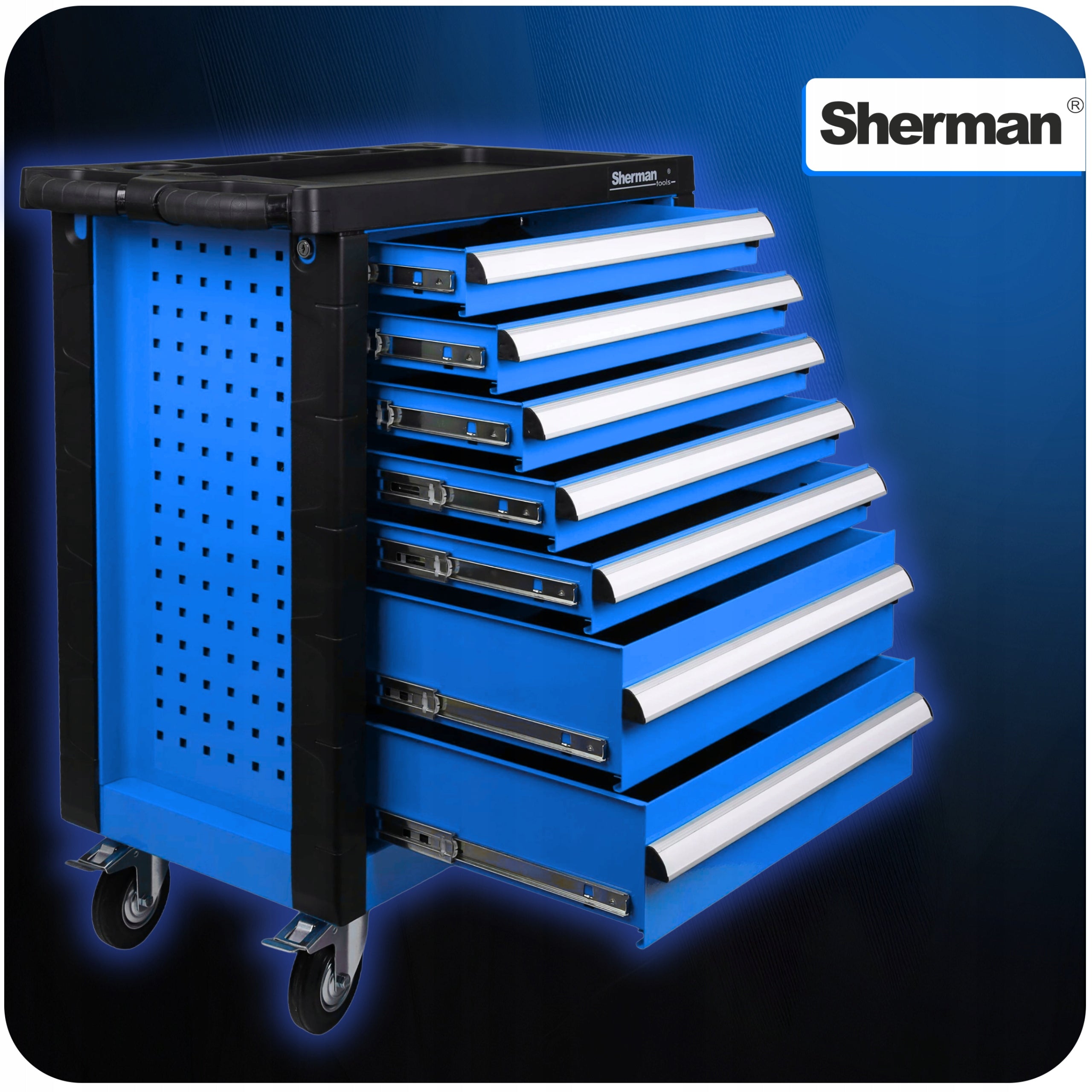 TOOL TROLLEY WORKSHOP CABINET ON WHEELS SHERMAN 7 DRAWERS BLUE Weight 60 kg