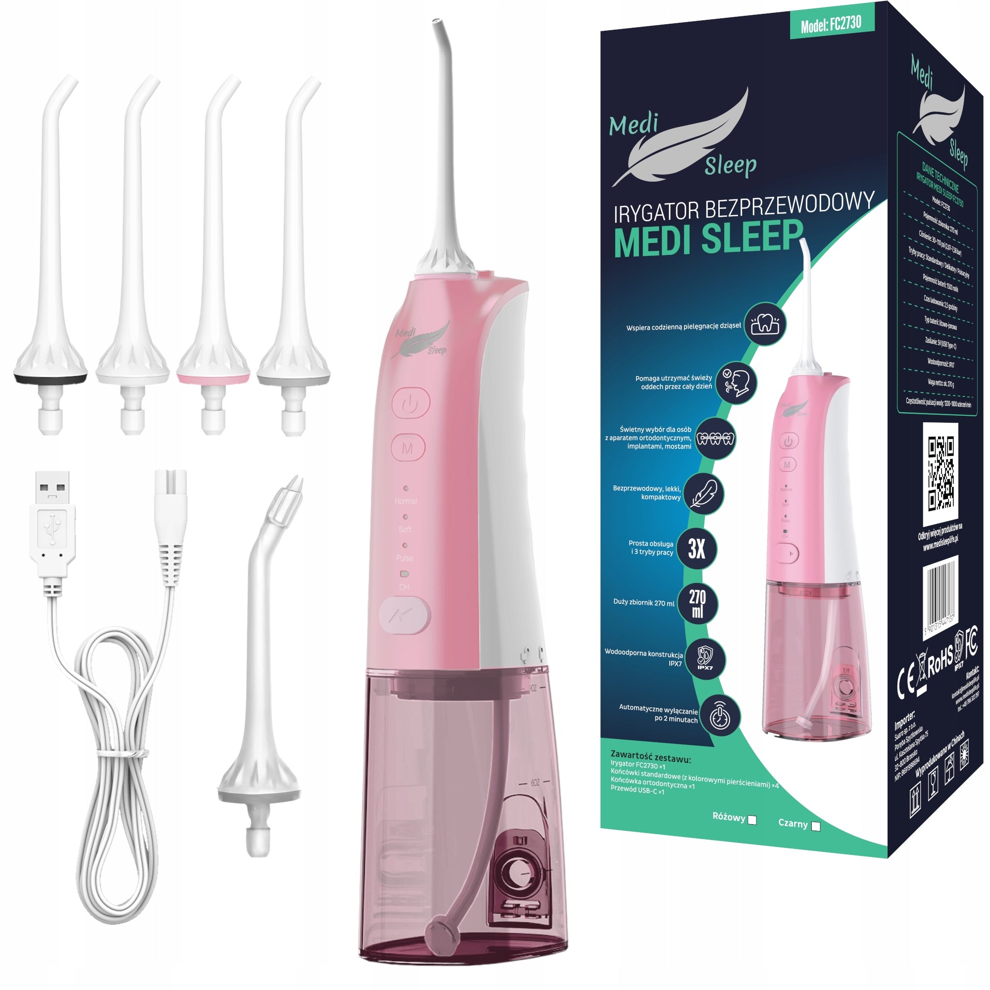 TOOTH IRRIGATOR PINK WIRELESS PULSED DENTAL 4 MODES 5