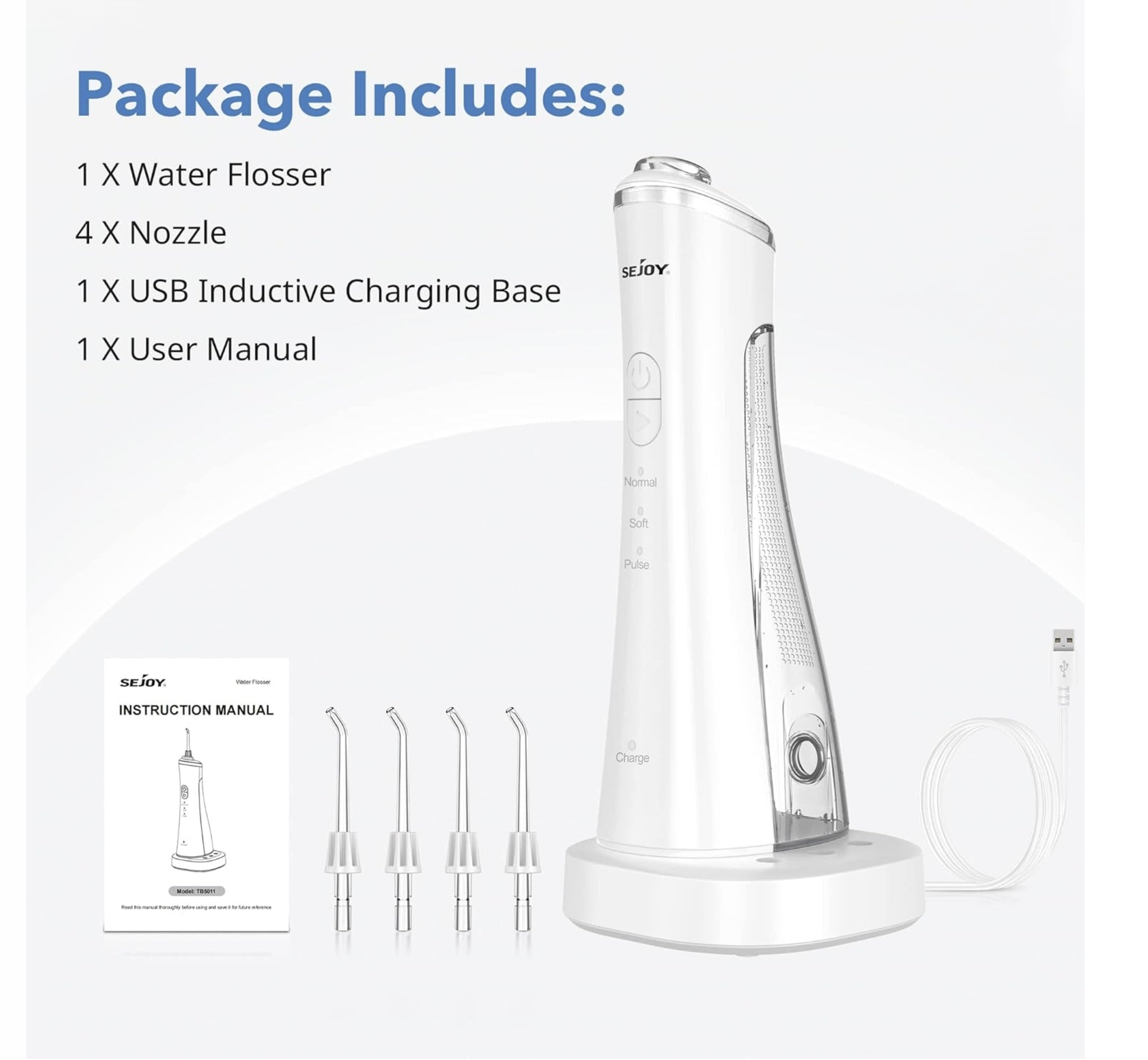 TOOTH IRRIGATOR SEJOY TB5011 WHITE IPX7 4 NOZZLES INDUCTION CHARGING Packaging status original