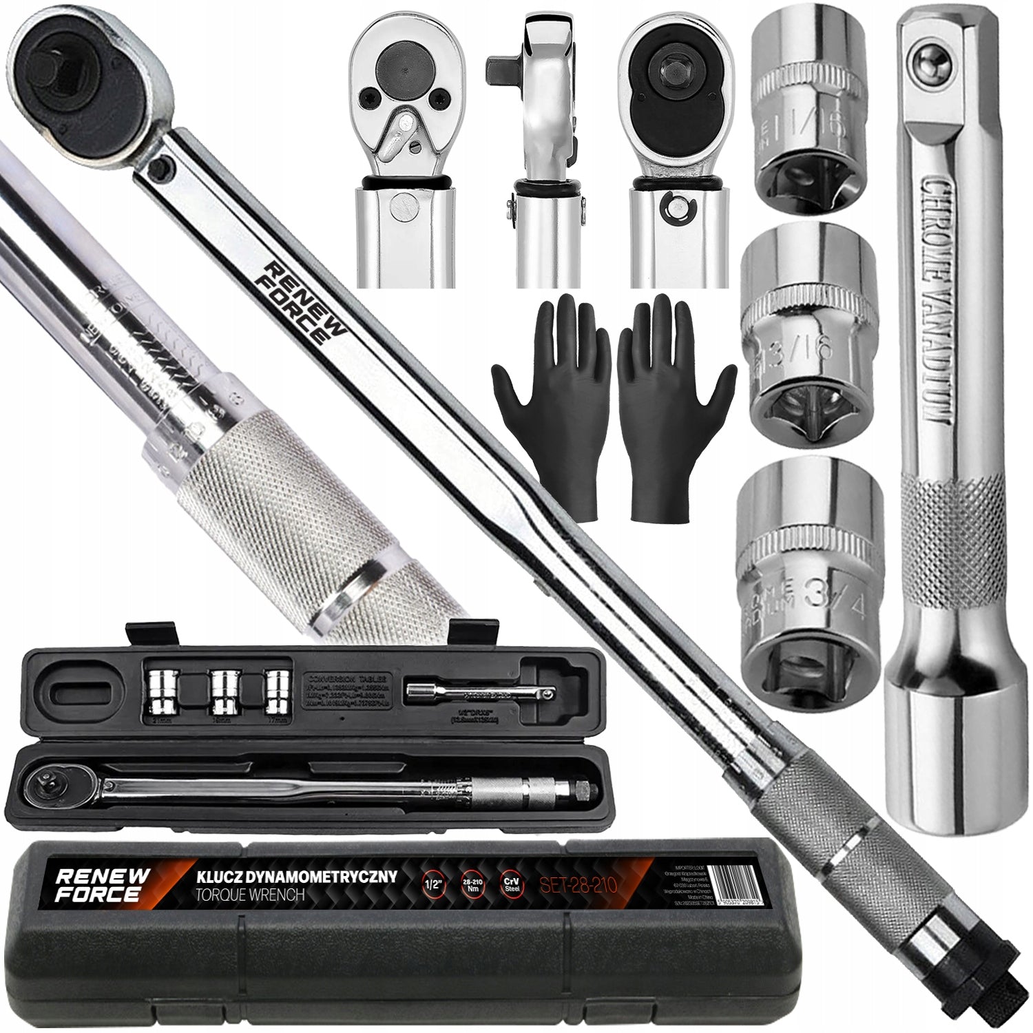TORQUE WRENCH 1/2 28-210Nm CrMO & CrV + 3 CAPS 17,19,21 mm +- 4%