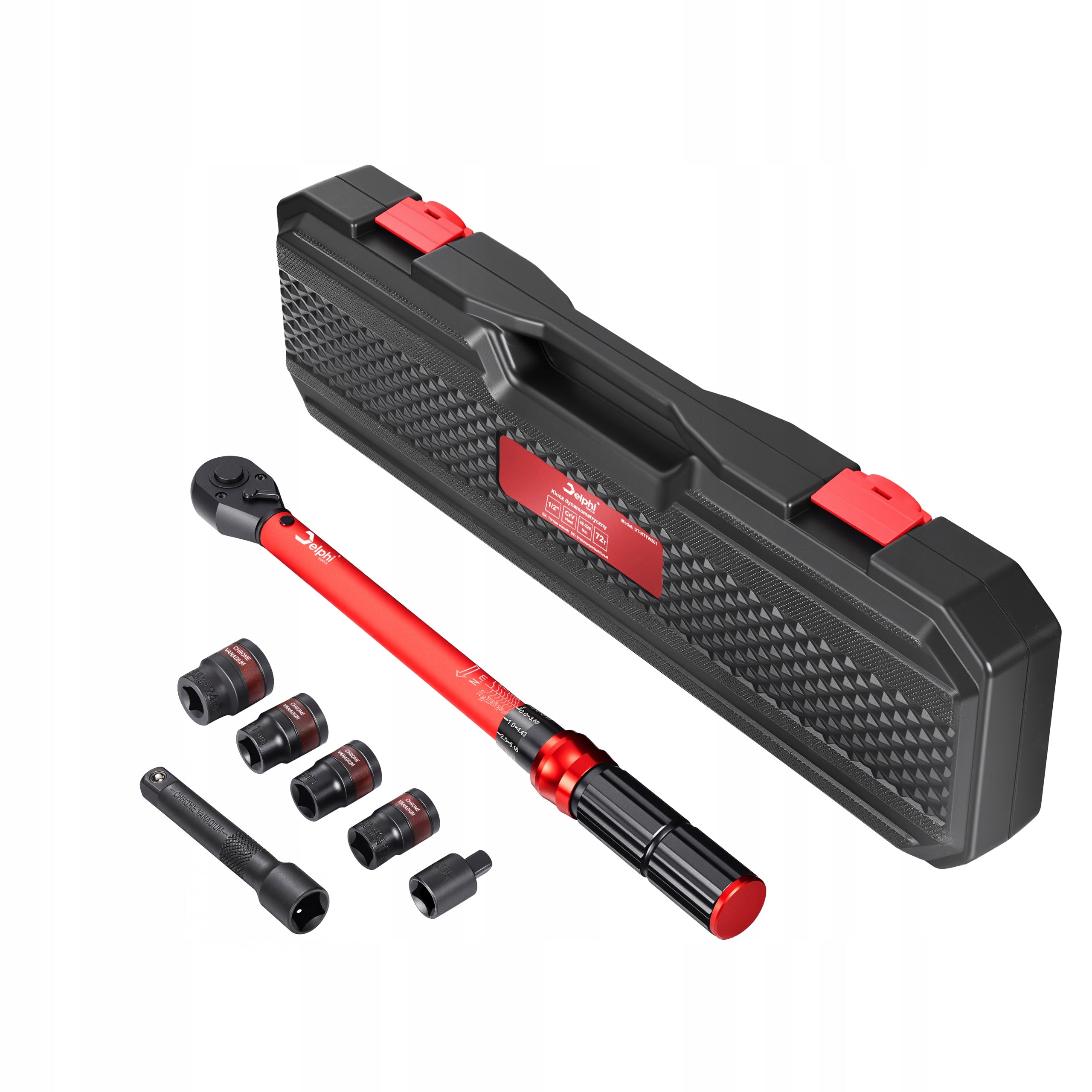 TORQUE WRENCH 1/2 40-220Nm CrMO & CrV + 4 CAPS 17,19,21,24 +- 3% Manufacturer code Klucz Delphi nasadki: 17, 19, 21, 24 mm 1/2"
