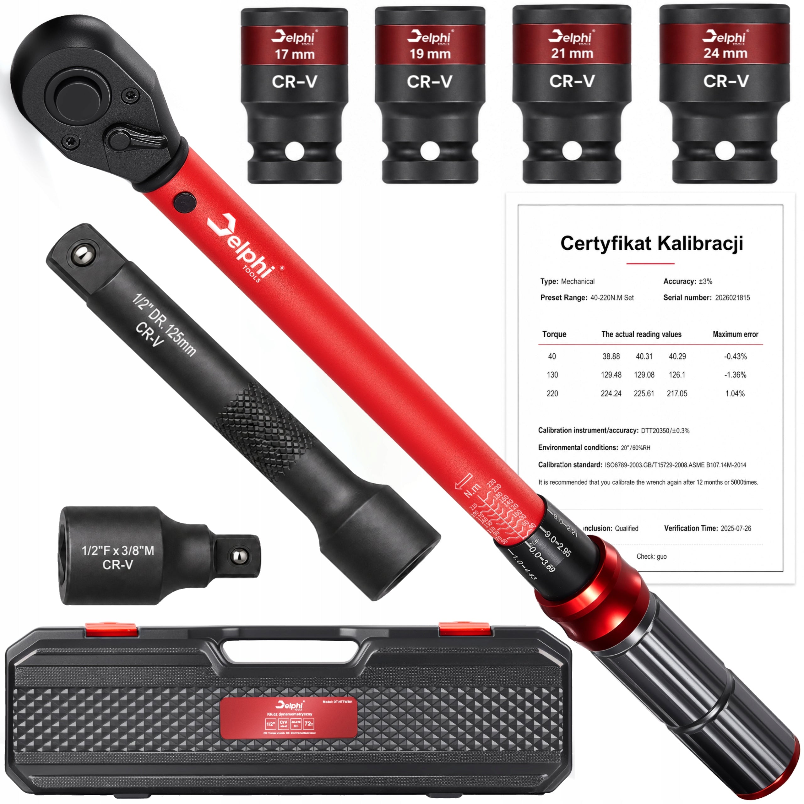 TORQUE WRENCH 1/2 40-220Nm CrMO & CrV + 4 CAPS 17,19,21,24 +- 3%
