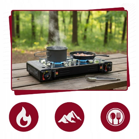 TOURIST COOKER two-burner GAS FOR CARTRIDGES CYLINDERS STAINLESS STEEL Packaging status original