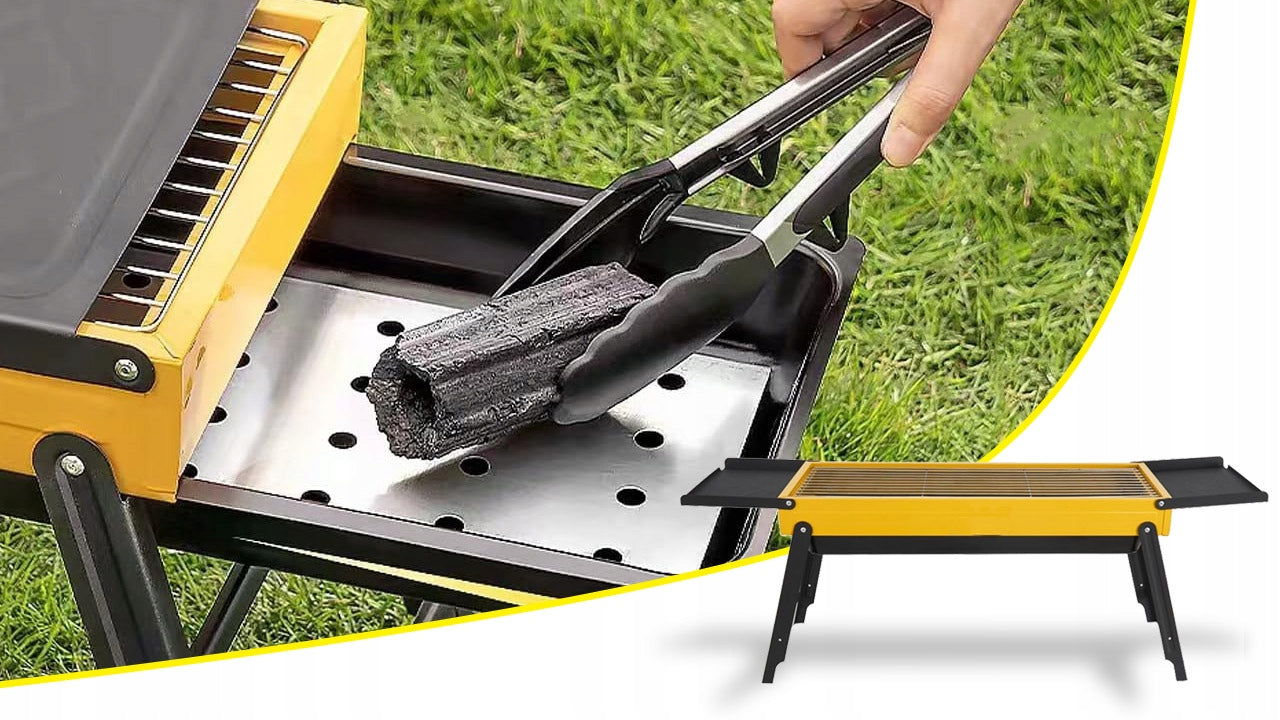 TOURIST GRILL PORTABLE CHARCOAL BBQ CAMPING FOLDING ROOMY + SHELVES Grill width 89 cm