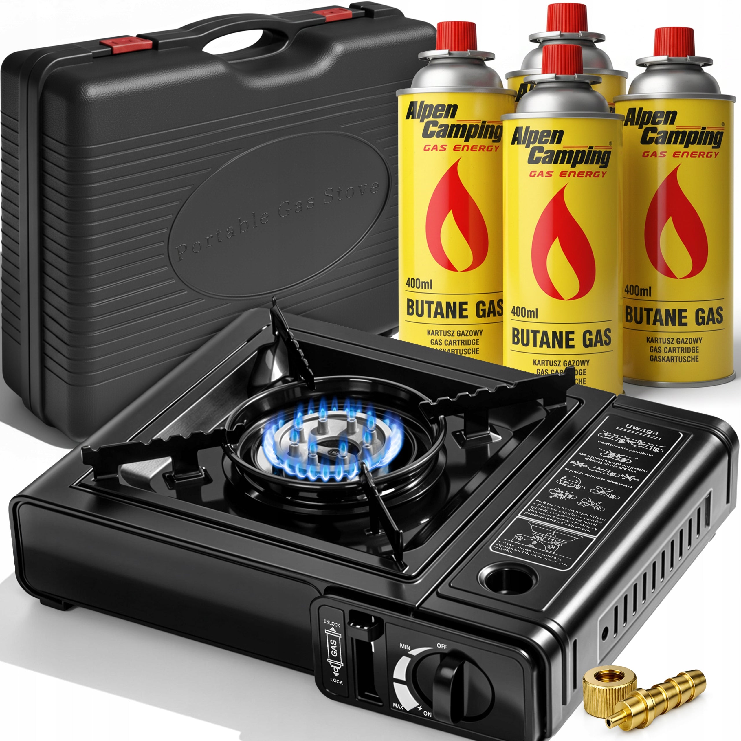 TOURIST STOVE GAS FIELD PORTABLE IN SUITCASE + 4X CARTRIDGE ALPEN