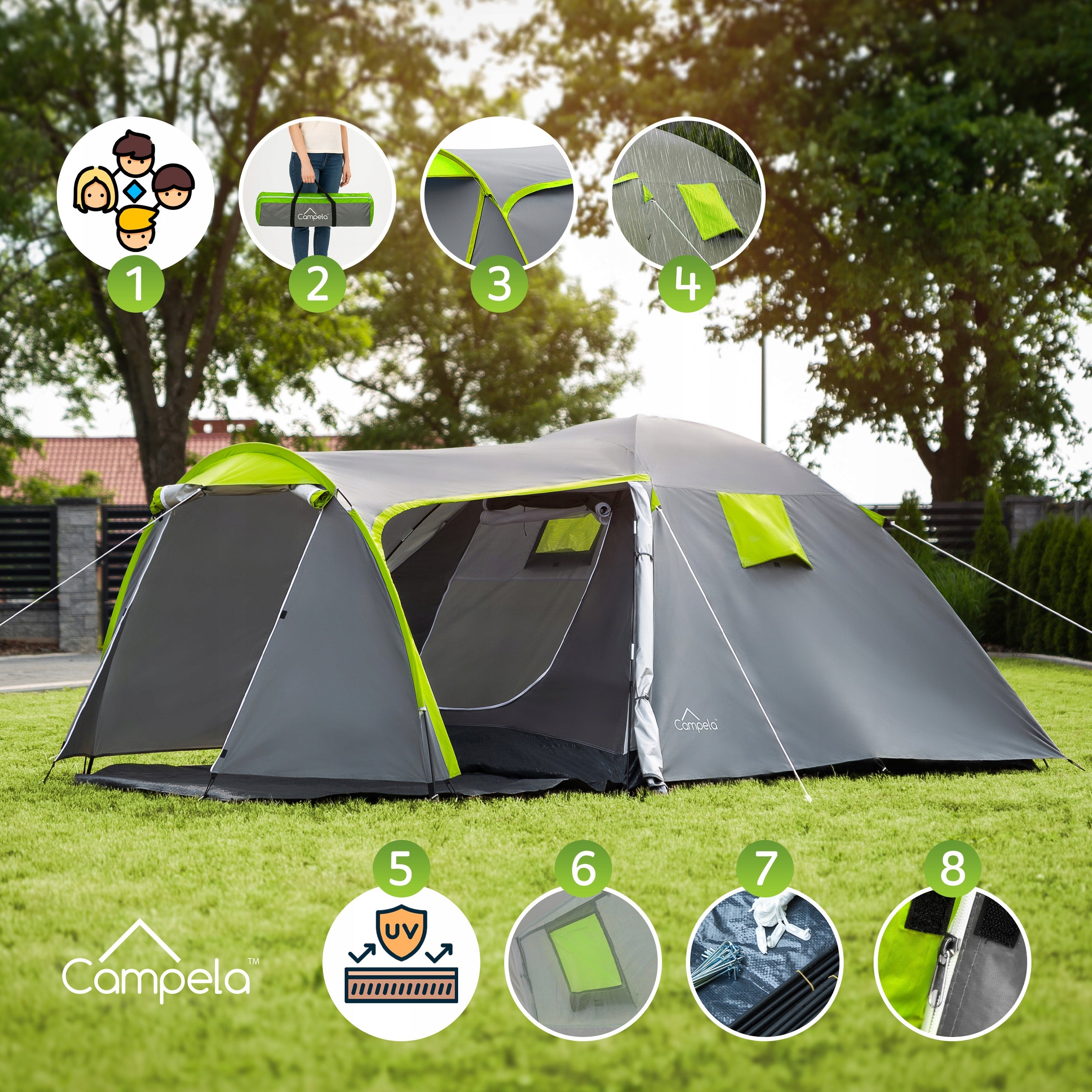 TOURIST TENT 4 PERSON FAMILY CAMPING IGLO WATERPROOF CAMPELA Manufacturer code CA0013GRN
