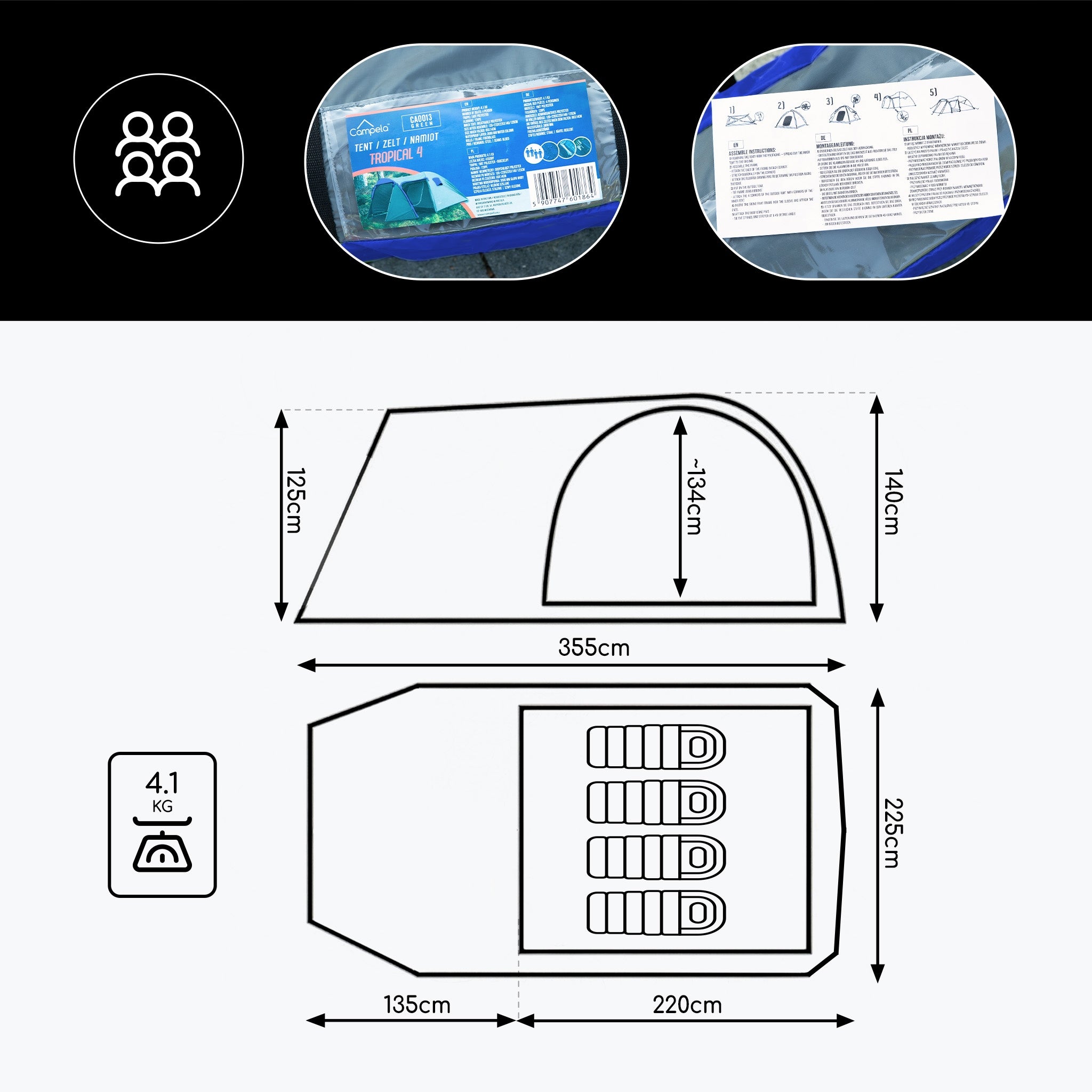 TOURIST TENT 4 PERSON FAMILY CAMPING IGLO WATERPROOF CAMPELA Number of people 4