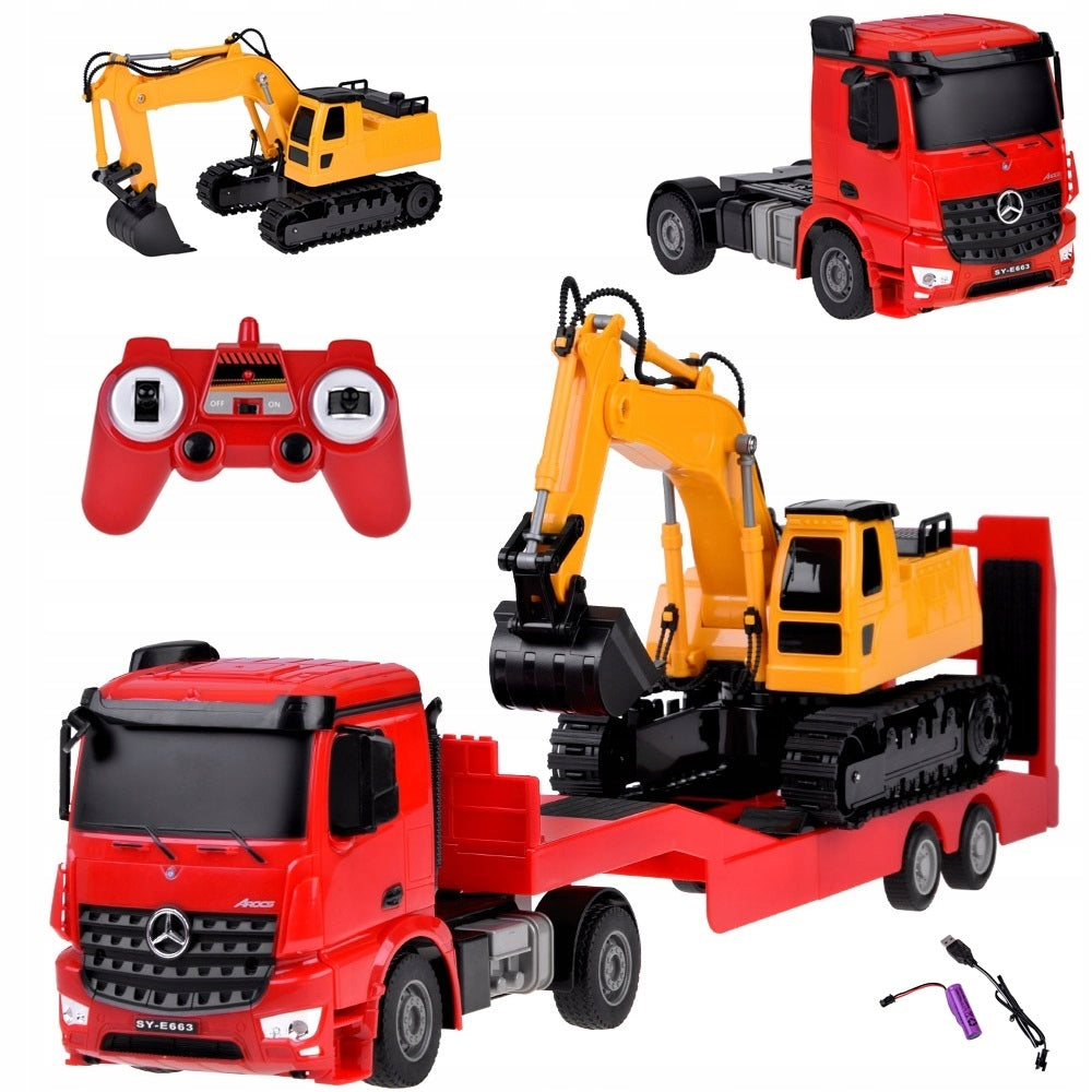 TOW TRUCK REMOTE CONTROLLED TRUCK TIR MERCEDES FOR RC REMOTE CONTROL + EXCAVATOR 2in1