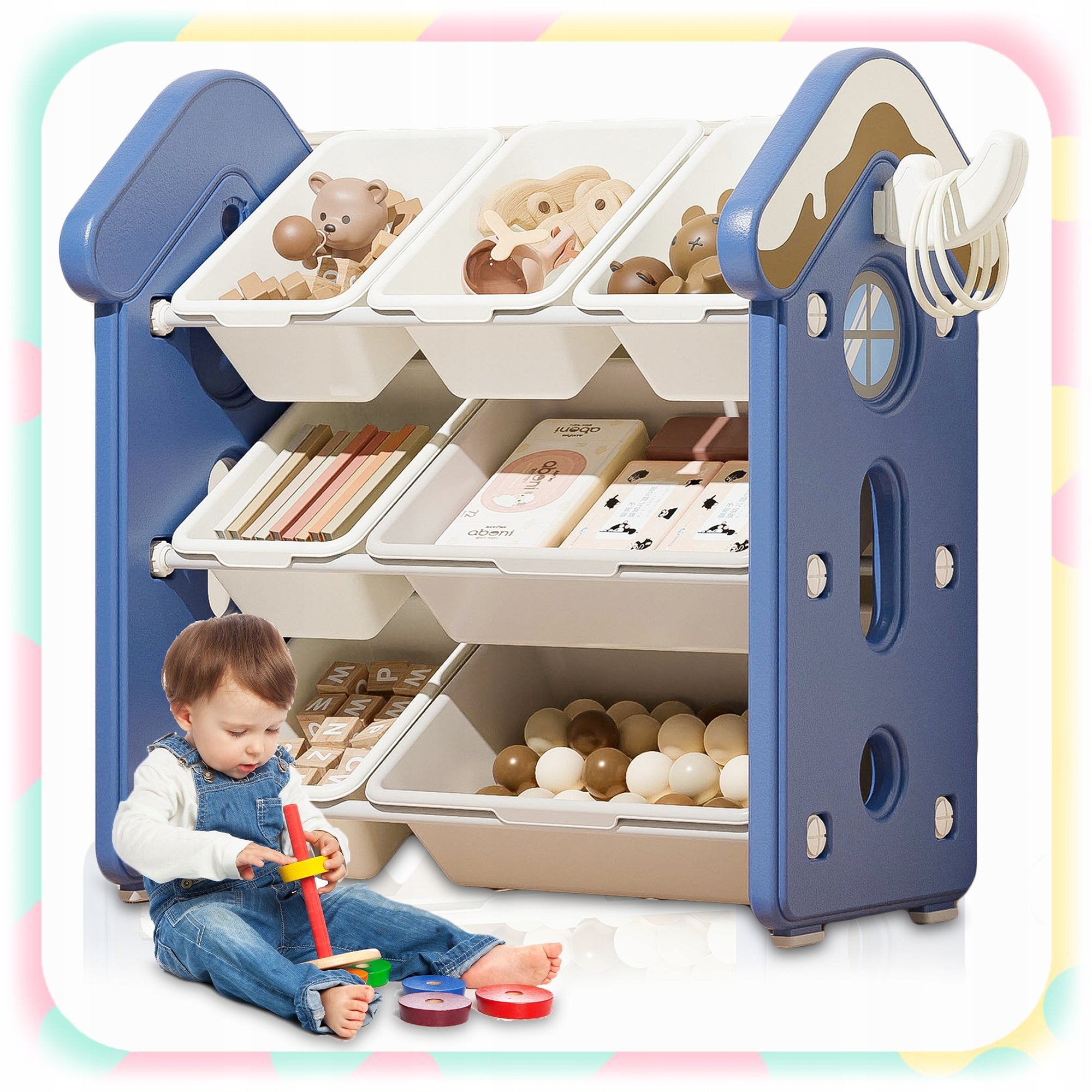 TOY RACK WITH CONTAINERS BOOK ORGANIZER 7 BASKETS FOR BABY Packaging status original
