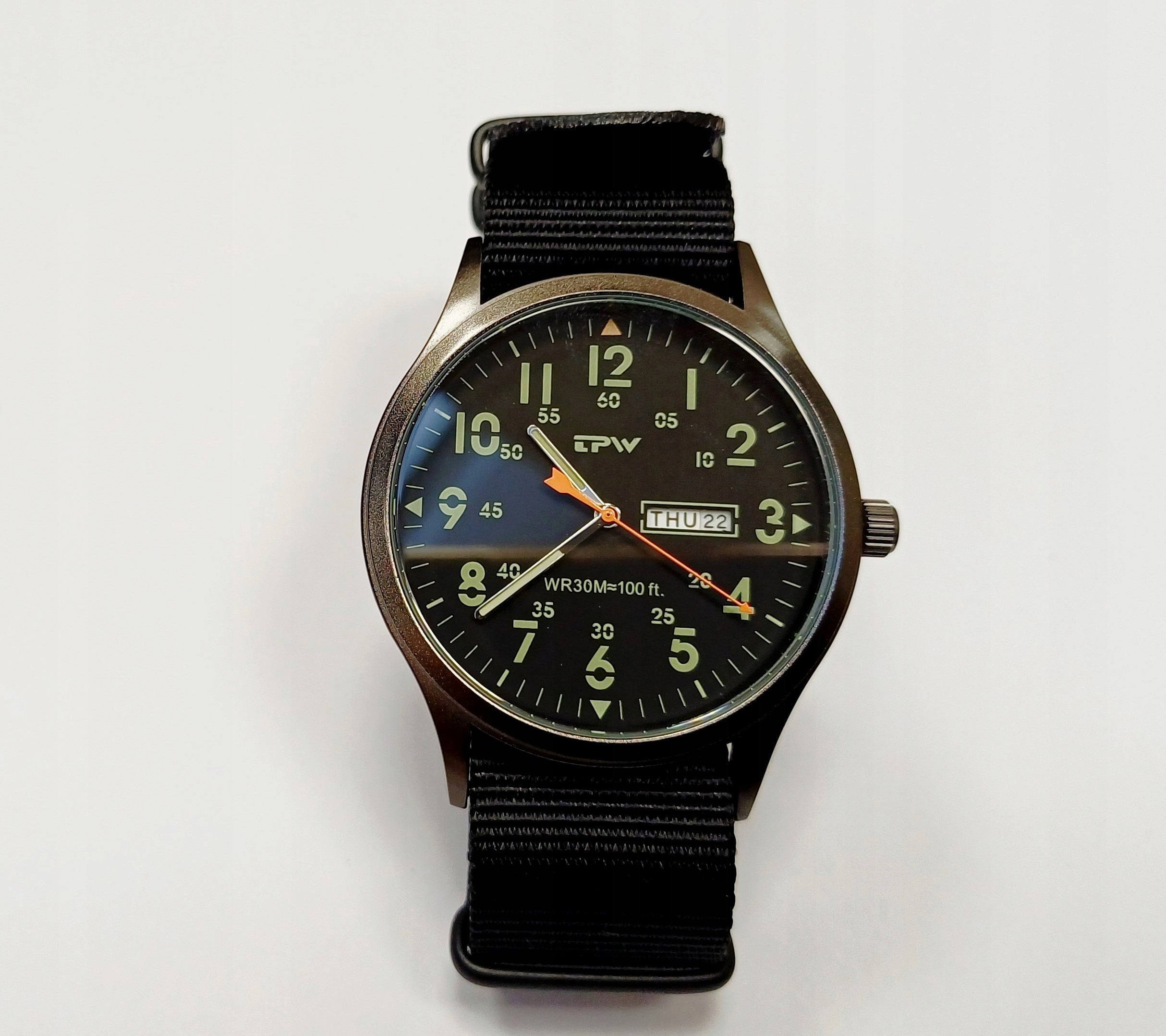TPW watch luminous military style Day-Date black quartz nylon strap Dial color black