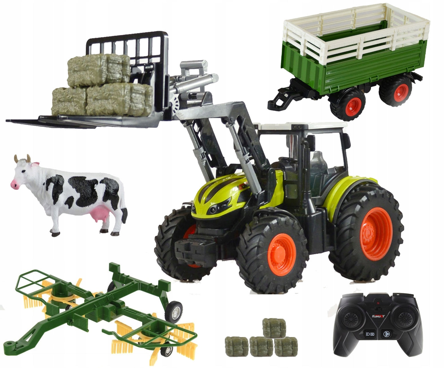 TRACTOR REMOTE CONTROLLED TRAILER RAKE 4in1 SCALE 1:24 RC FARM